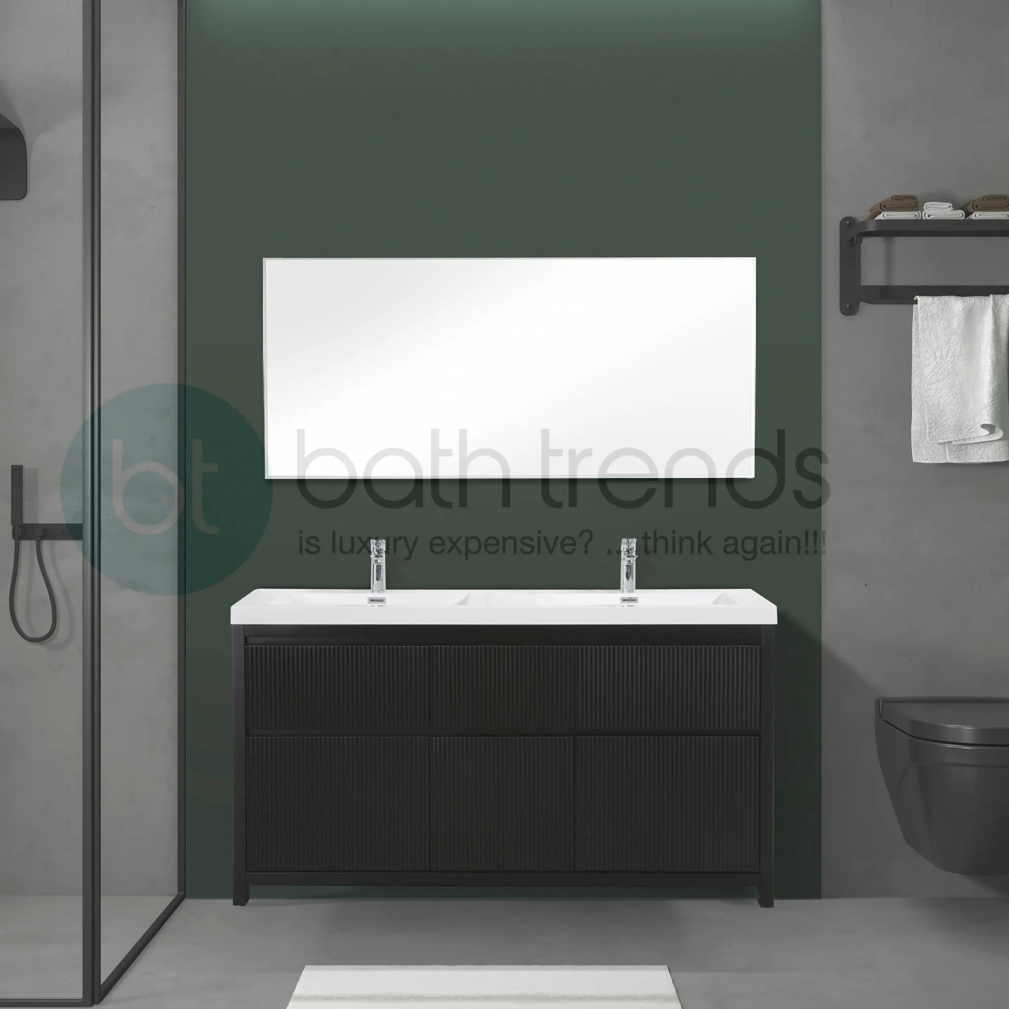 Neos 59 Matte Black Cabinet, Square Cultured Marble Double Sink, Free Standing Modern Vanity Set