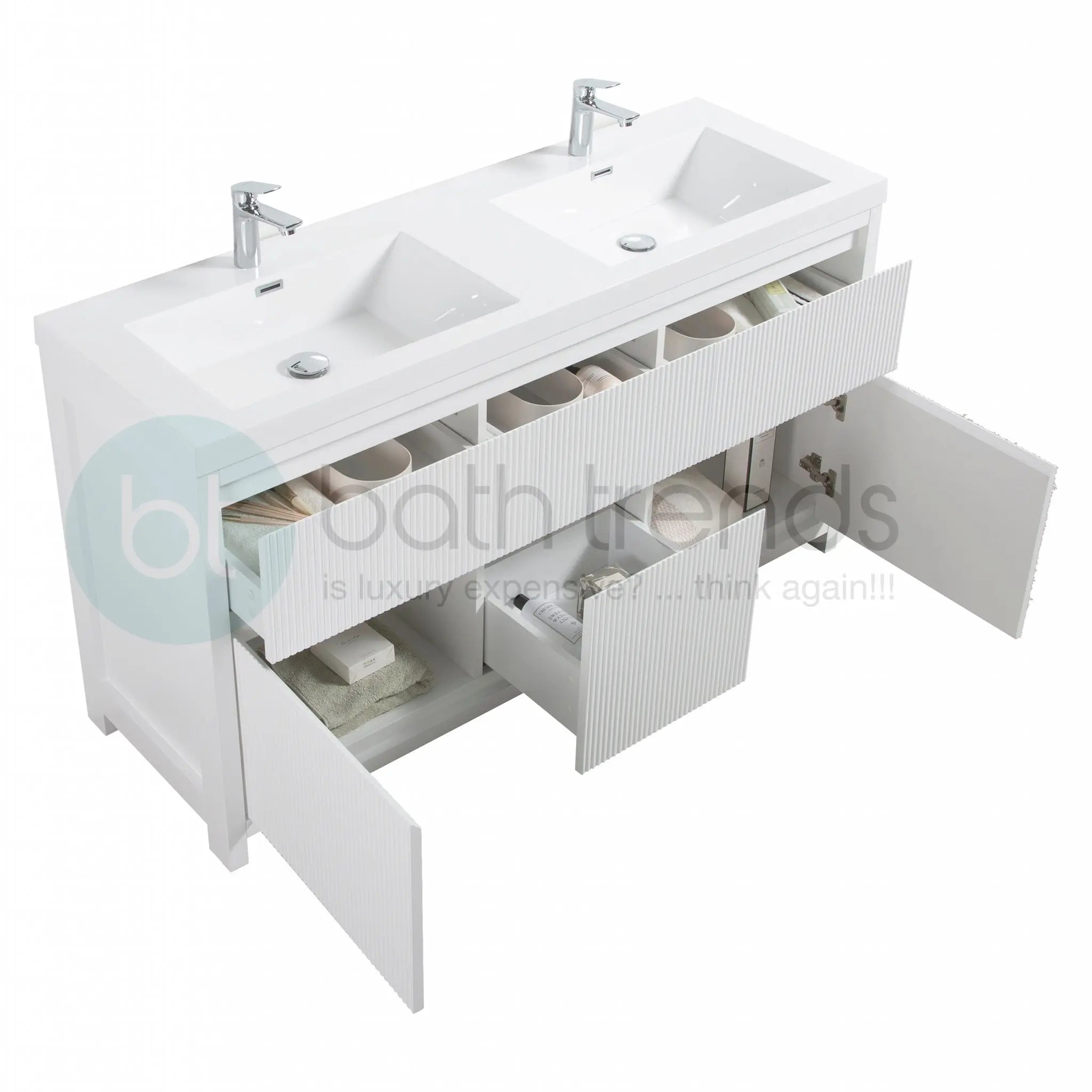 Neos 59 Matte White Cabinet, Square Cultured Marble Double Sink, Free Standing Modern Vanity Set