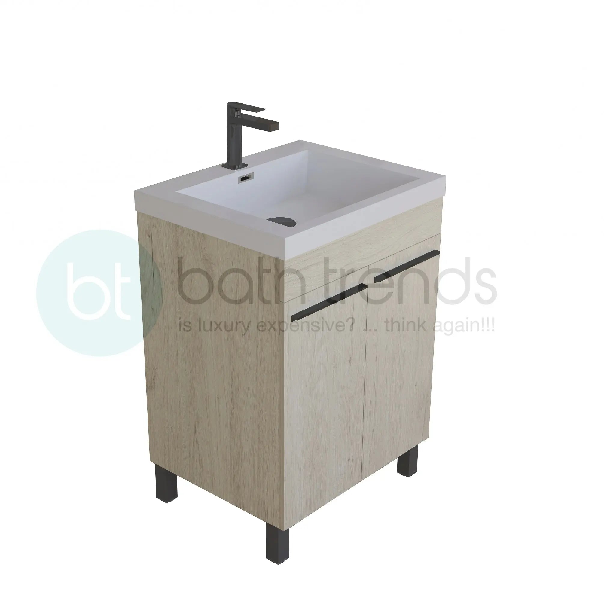 Ocean 23.5 Oak Cabinet, Square Cultured Marble Sink, Free Standing Vanity Set