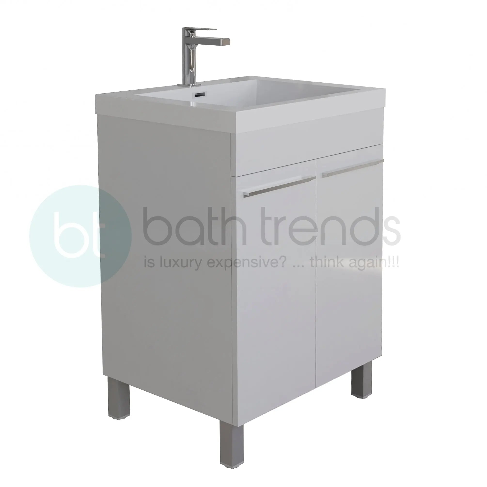Ocean 23.5 White High Gloss Cabinet, Square Cultured Marble Sink, Free Standing Vanity Set