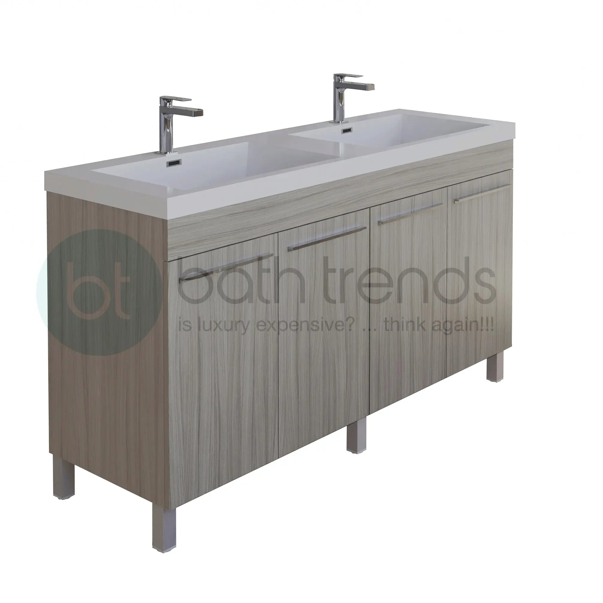 Ocean 59 Nilo Grey Wood Texture Cabinet, Square Cultured Marble Sink, Free Standing Vanity Set
