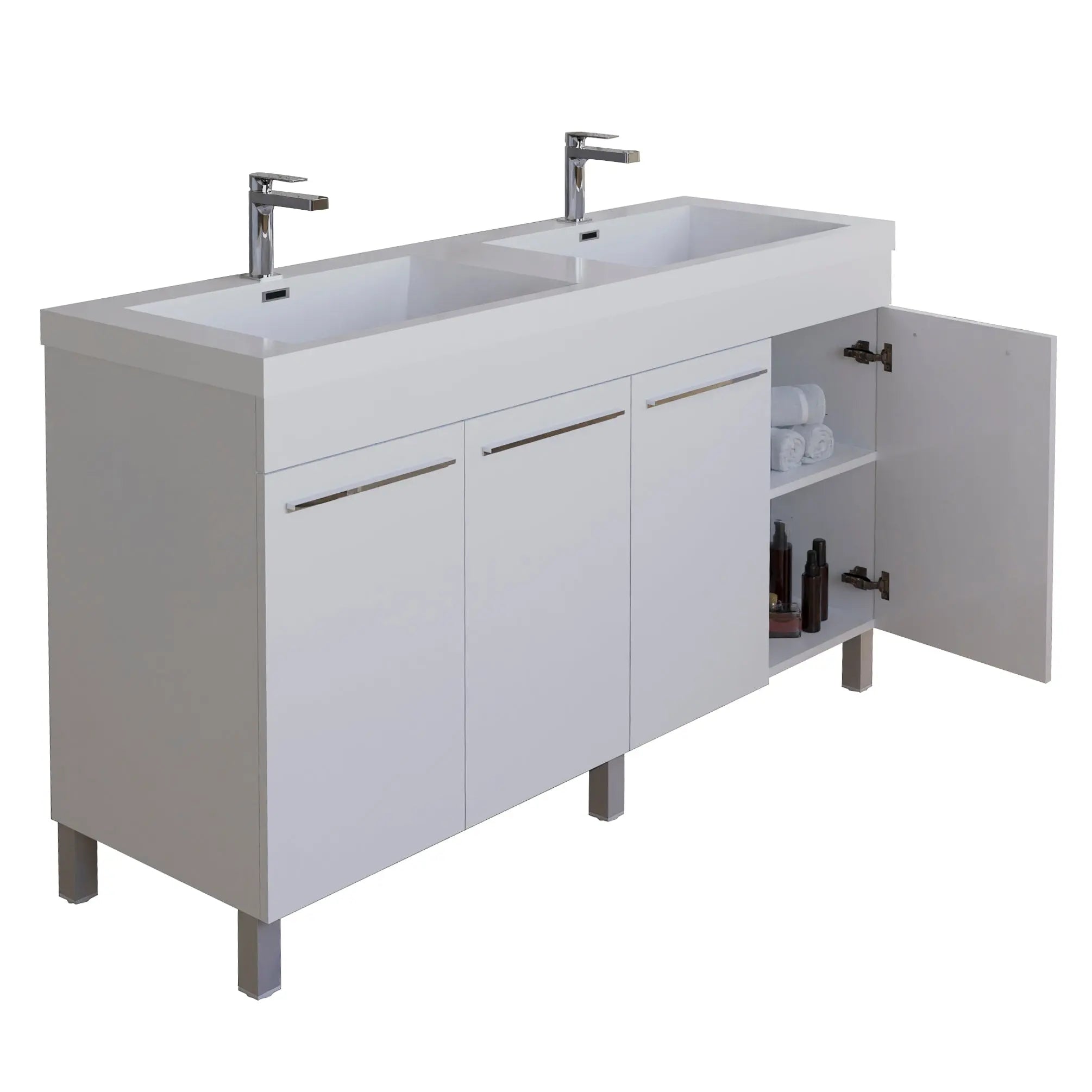 Ocean 59 White High Gloss Cabinet, Square Cultured Marble Sink, Free Standing Vanity Set