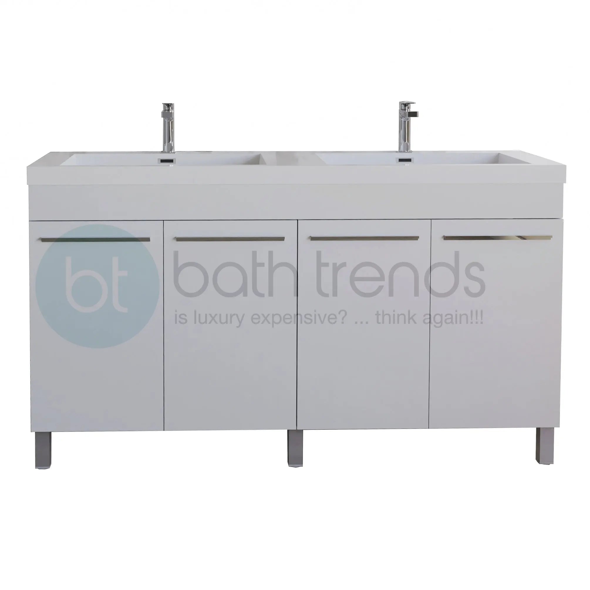 Ocean 59 White High Gloss Cabinet, Square Cultured Marble Sink, Free Standing Vanity Set