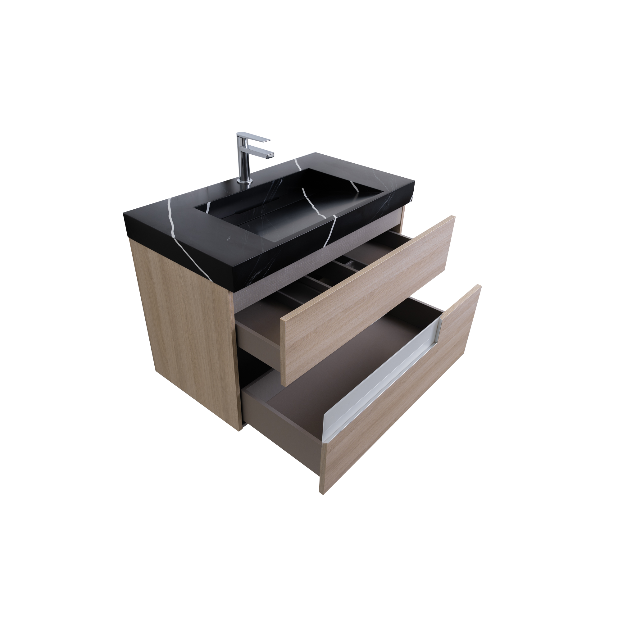 Vision 35.5 Natural Light Wood Cabinet, Solid Surface Matte Black Carrara Infinity Sink, Wall Mounted Modern Vanity Set