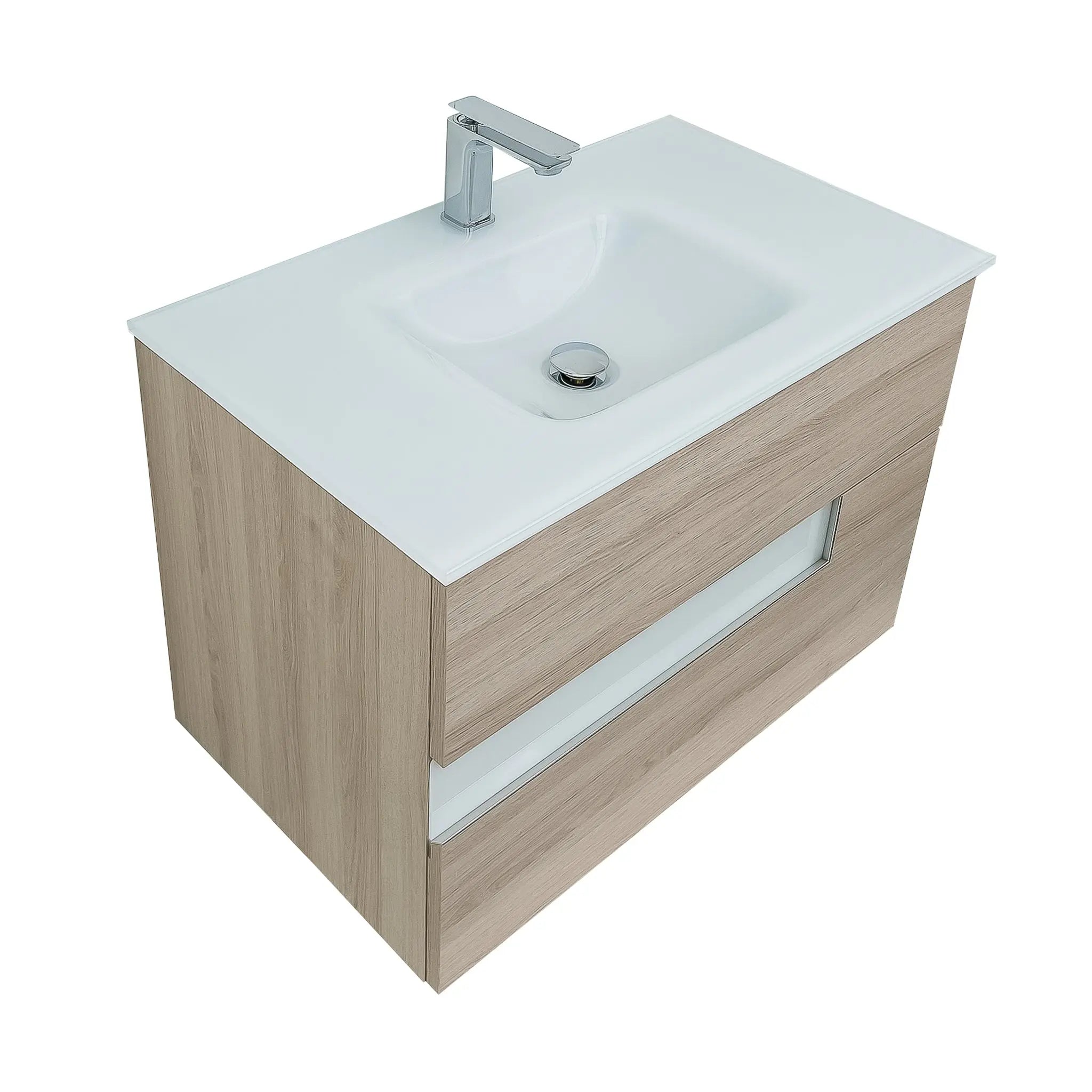 Vision 35.5 Natural Light Wood Cabinet, White Tempered Glass Sink, Wall Mounted Modern Vanity Set