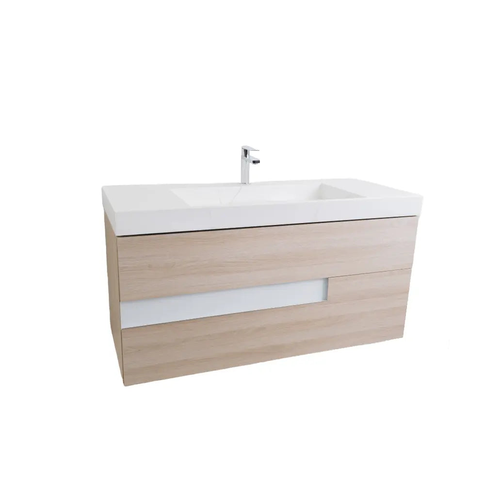 Vision 47.5 Natural Light Wood Cabinet, Solid Surface Matte White Top Carrara Infinity Sink, Wall Mounted Modern Vanity Set