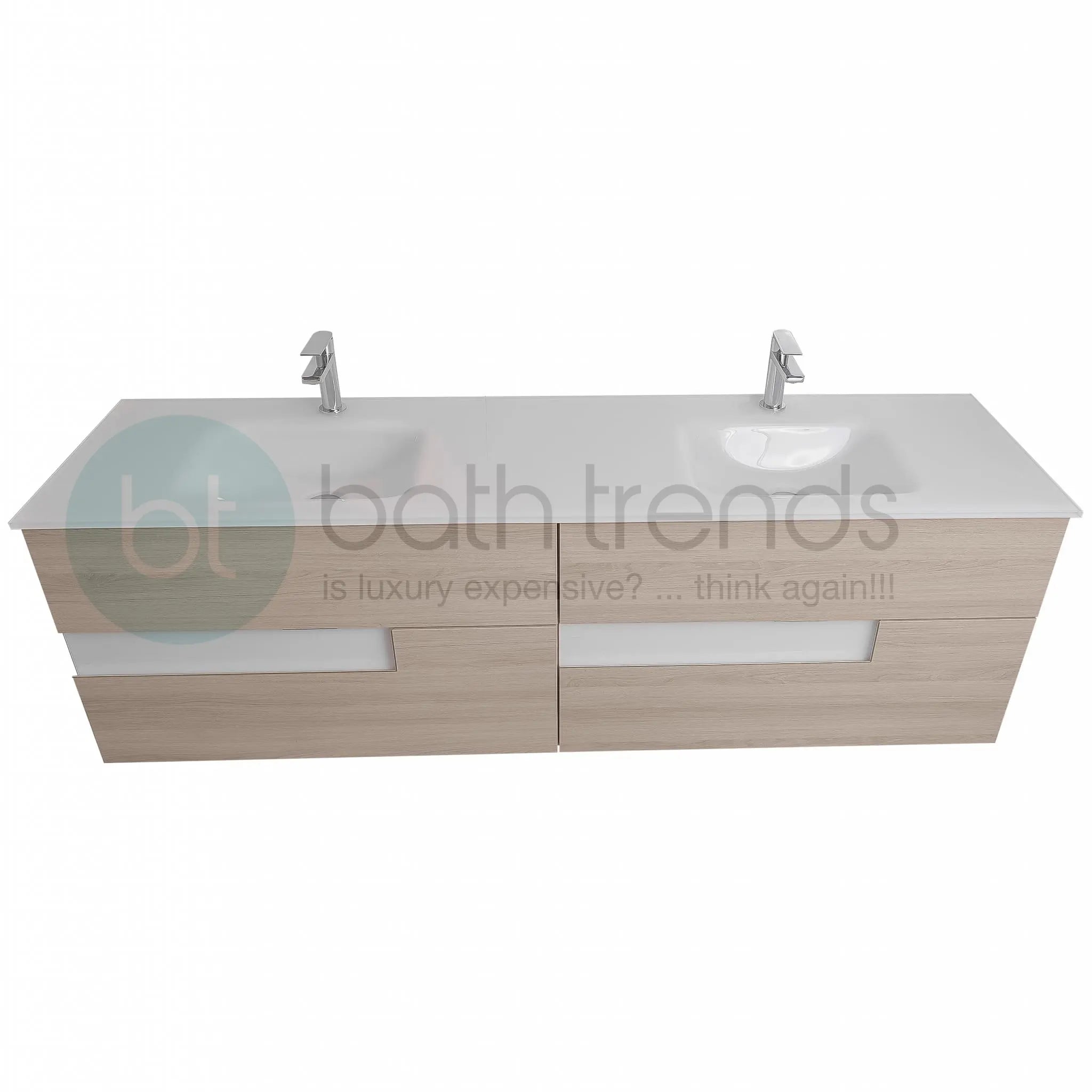 Vision 72 Natural Light Wood Cabinet, White Tempered Glass Double Sink, Wall Mounted Modern Vanity Set