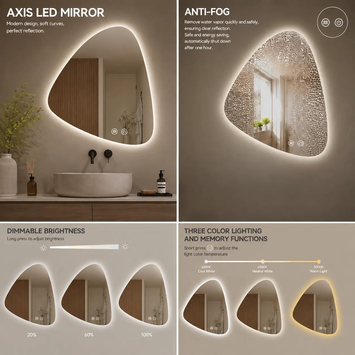 Aquamoon AXIS A LED Bathroom Mirror 24" x 39" Wall Mounted With Bottom Front Touch On/Off Switch 6000K High Lumen