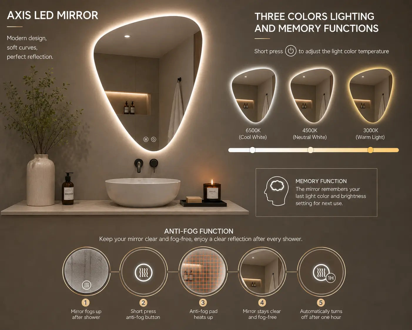 Aquamoon AXIS V LED Bathroom Mirror 24" x 39" Wall Mounted With Bottom Front Touch On/Off Switch 6000K High Lumen