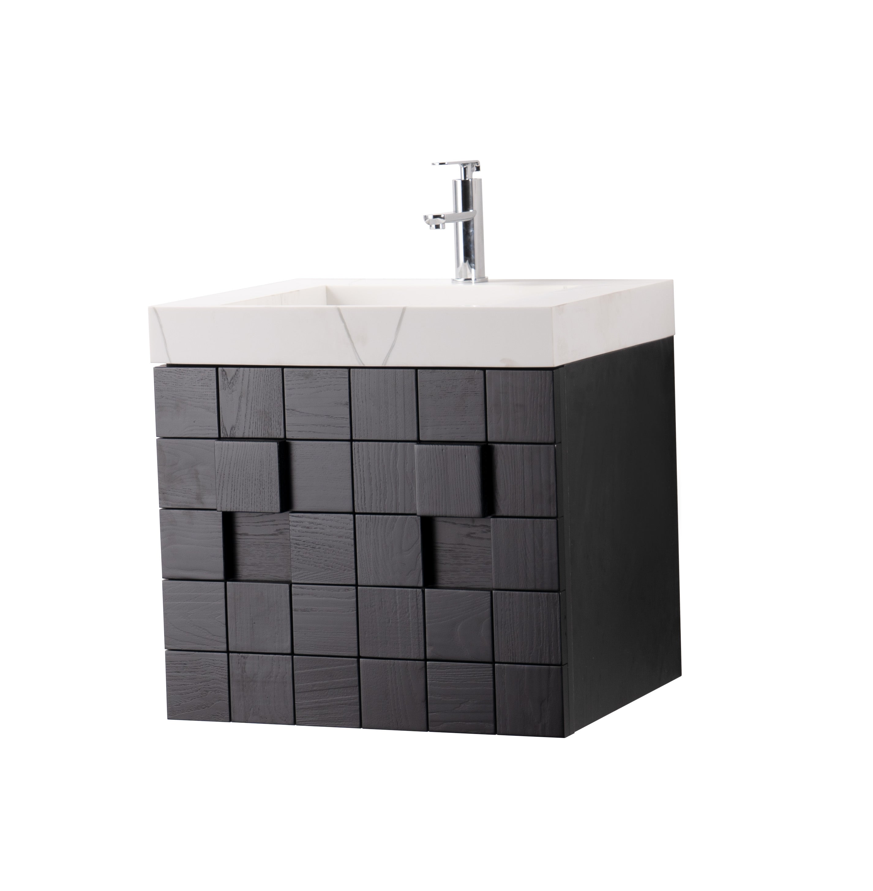 Darko 23.5 Single Dark Oak Cabinet, Solid Surface Carrara Infinity Sink, Wall Mounted Modern Vanity Set