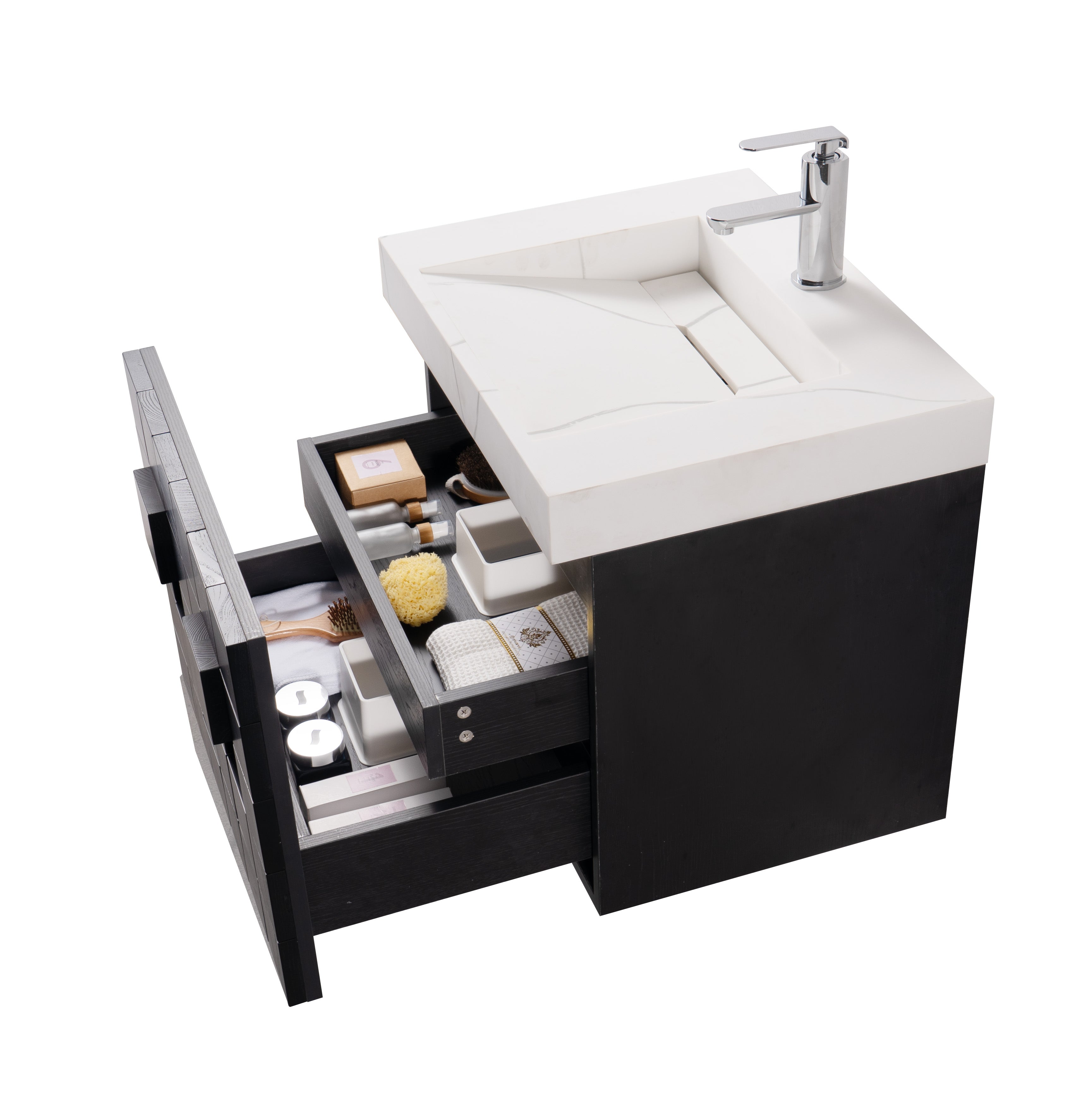Darko 23.5 Single Dark Oak Cabinet, Solid Surface Carrara Infinity Sink, Wall Mounted Modern Vanity Set