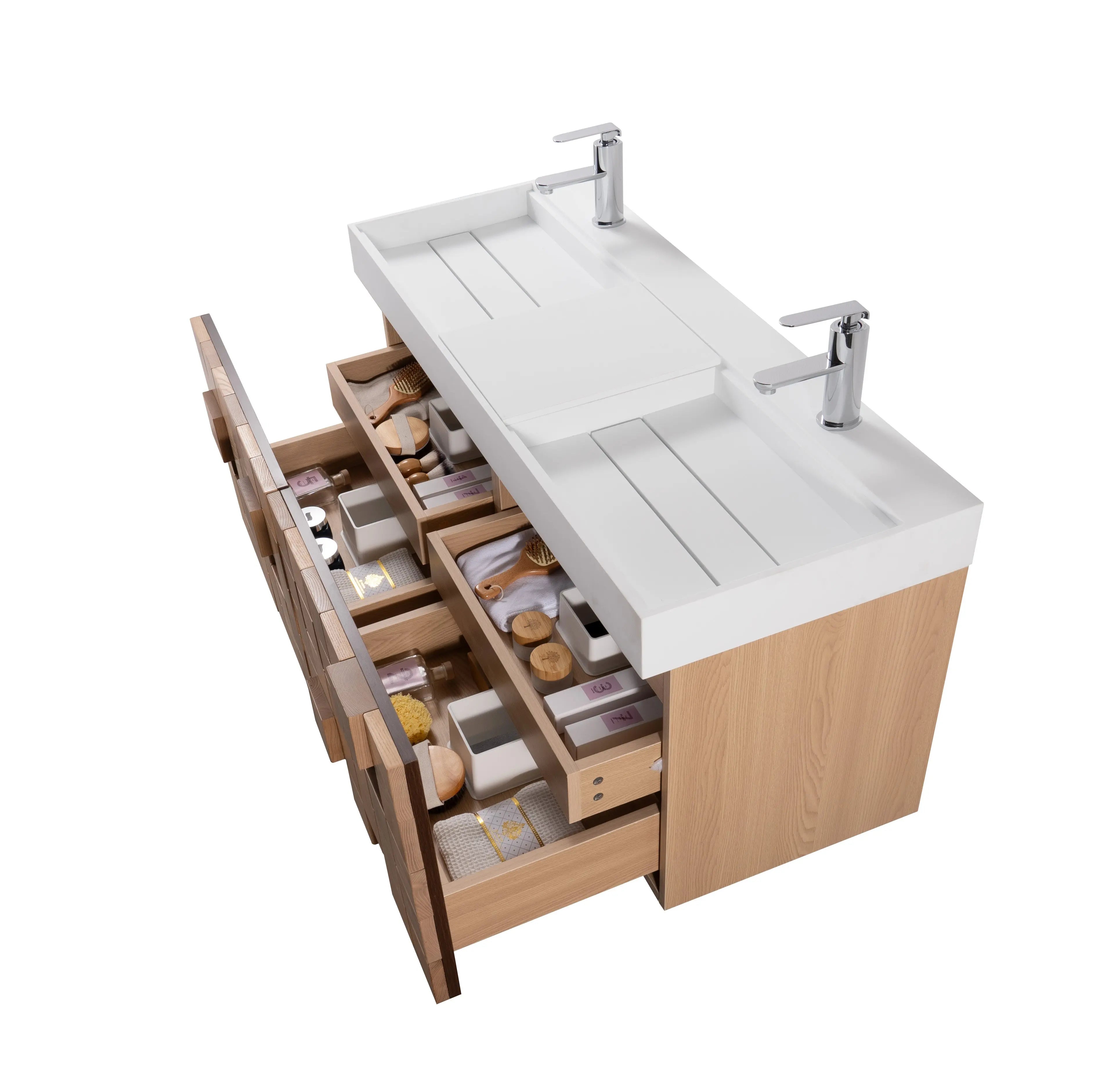 Darko 47.5 Double Natural Oak Cabinet, Solid Surface ORUS Sink, Wall Mounted Modern Vanity Set