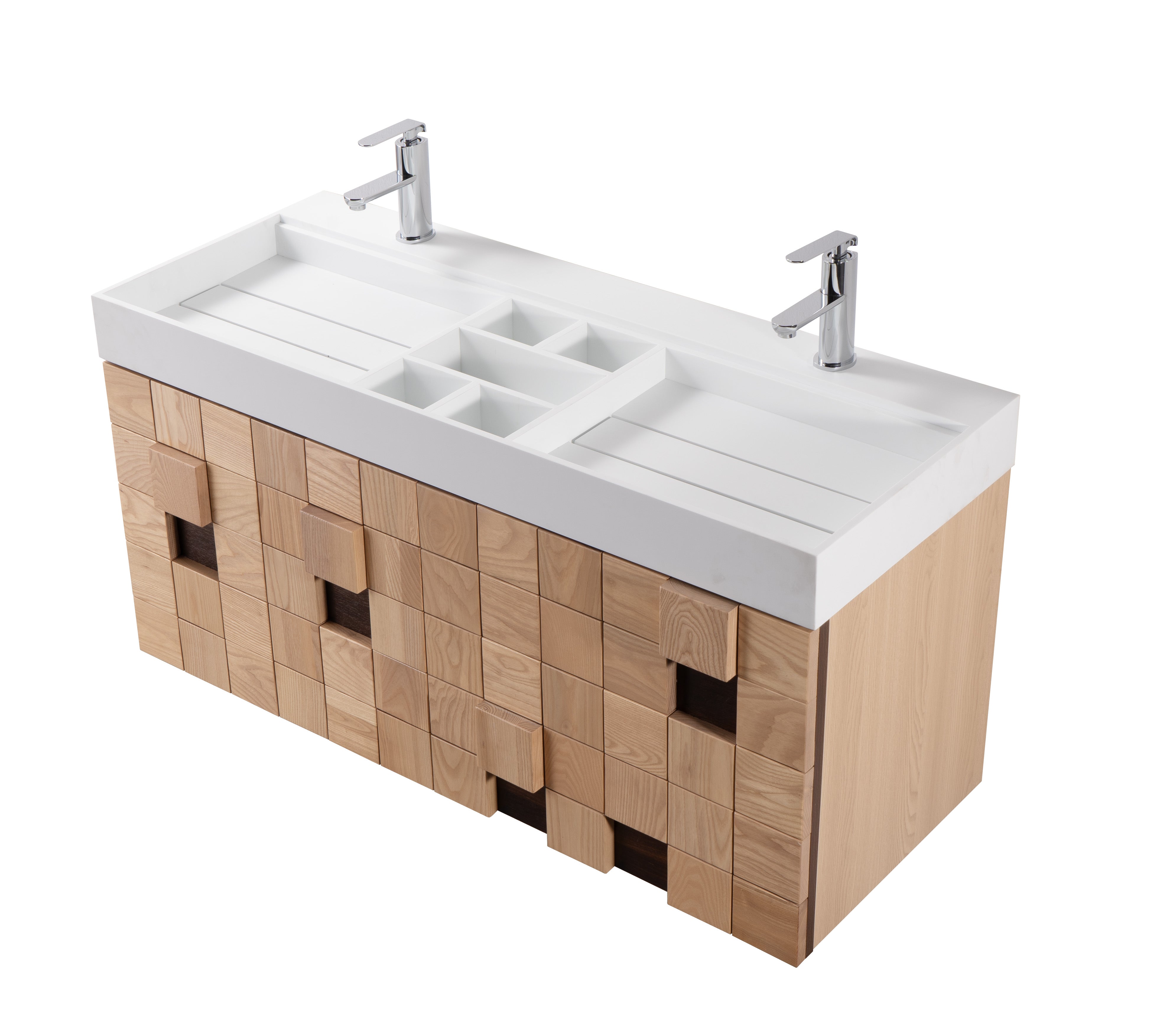 Darko 47.5 Double Natural Oak Cabinet, Solid Surface ORUS Sink, Wall Mounted Modern Vanity Set