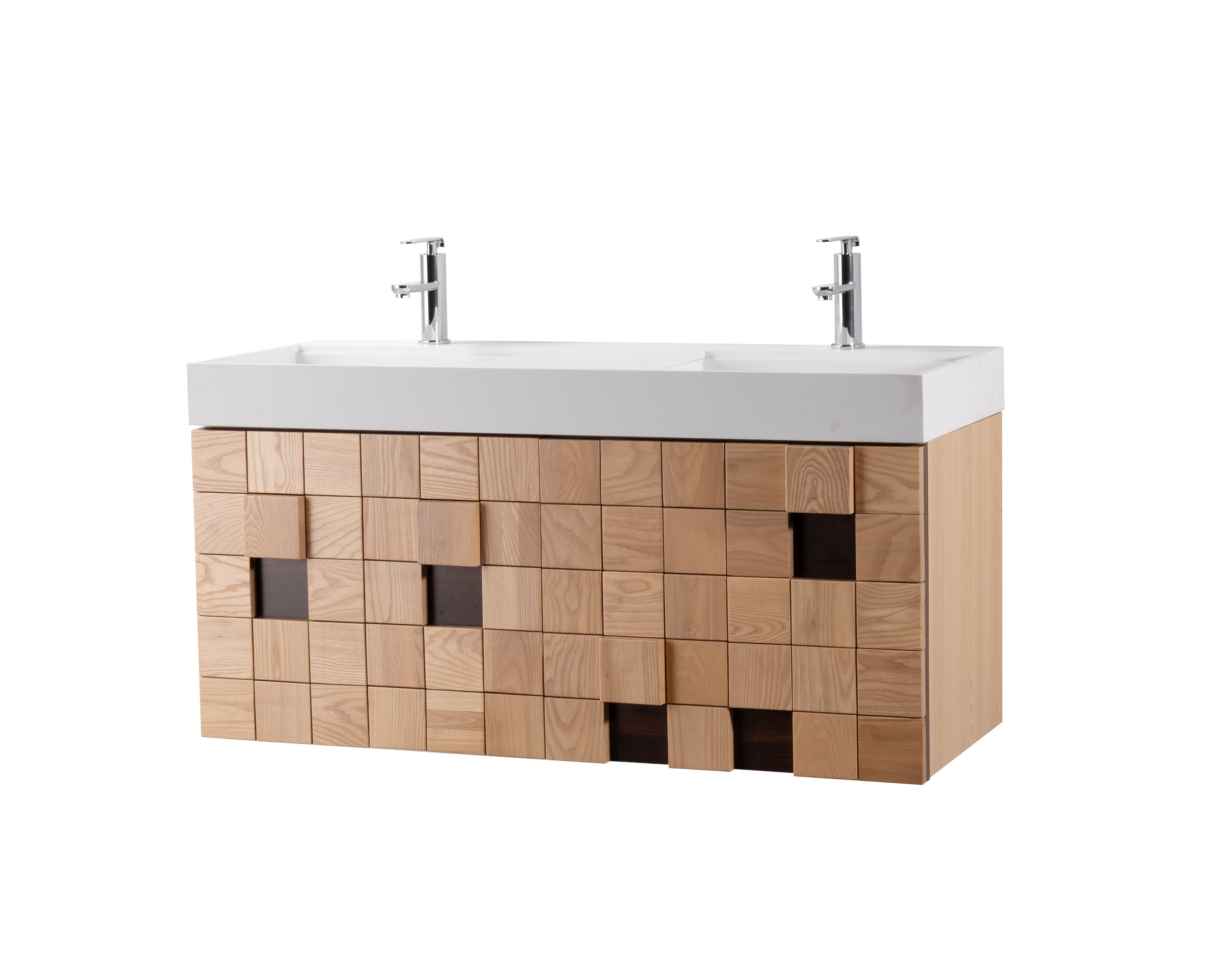 Darko 47.5 Double Natural Oak Cabinet, Solid Surface ORUS Sink, Wall Mounted Modern Vanity Set