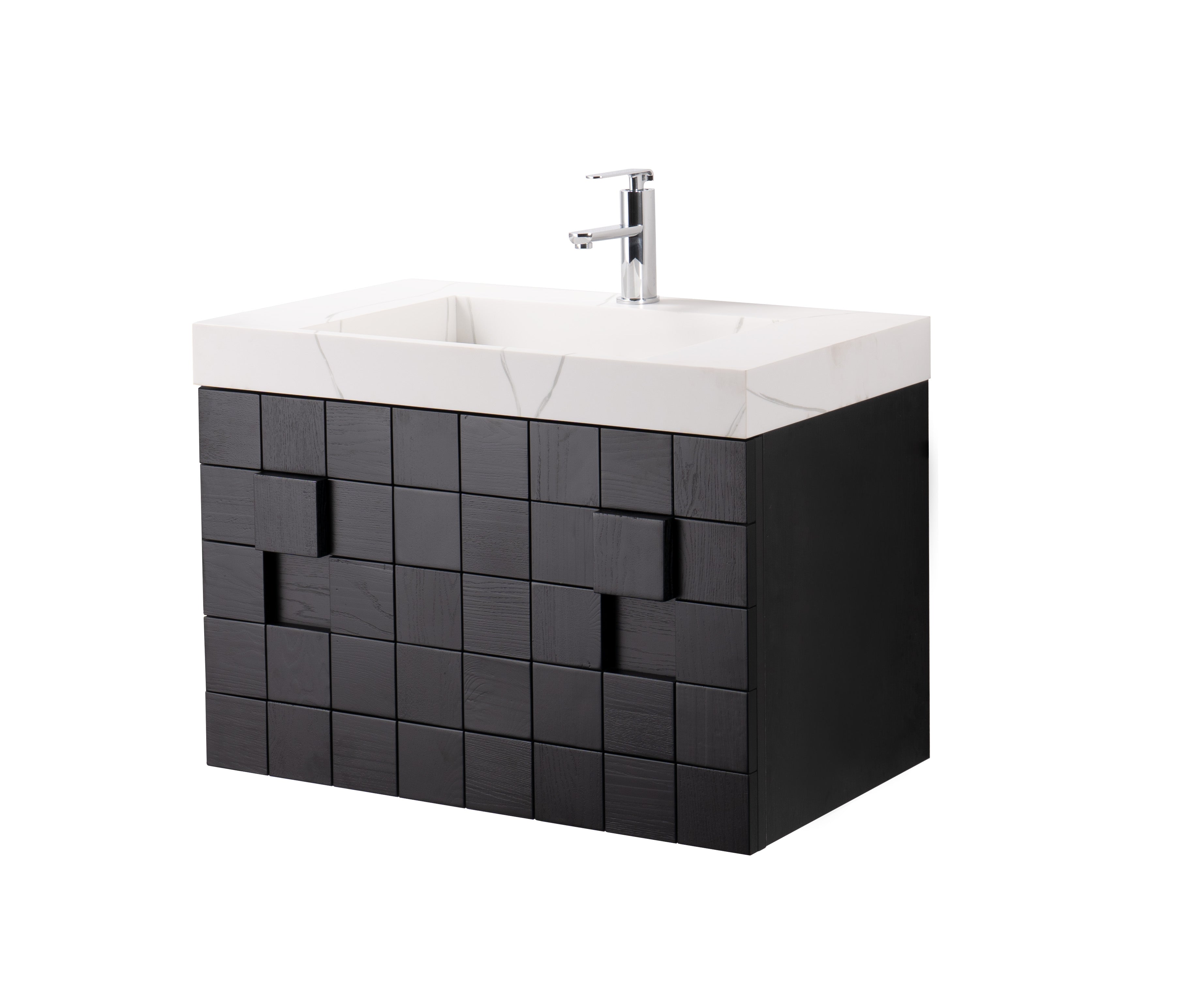 Darko 31.5 Single Dark Oak Cabinet, Solid Surface Carrara Infinity Sink, Wall Mounted Modern Vanity Set