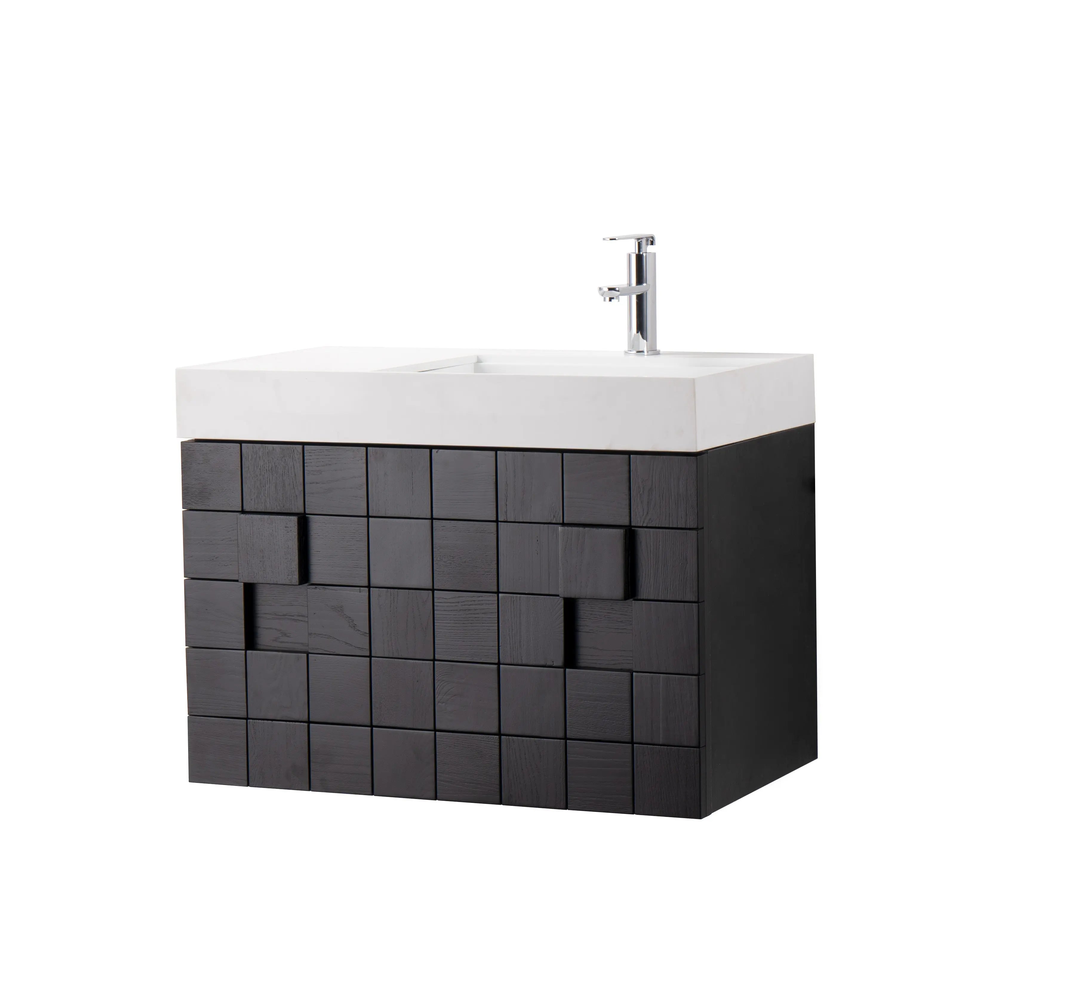 Darko 31.5 Single Natural Oak Cabinet, Solid Surface ORUS Sink, Wall Mounted Modern Vanity Set