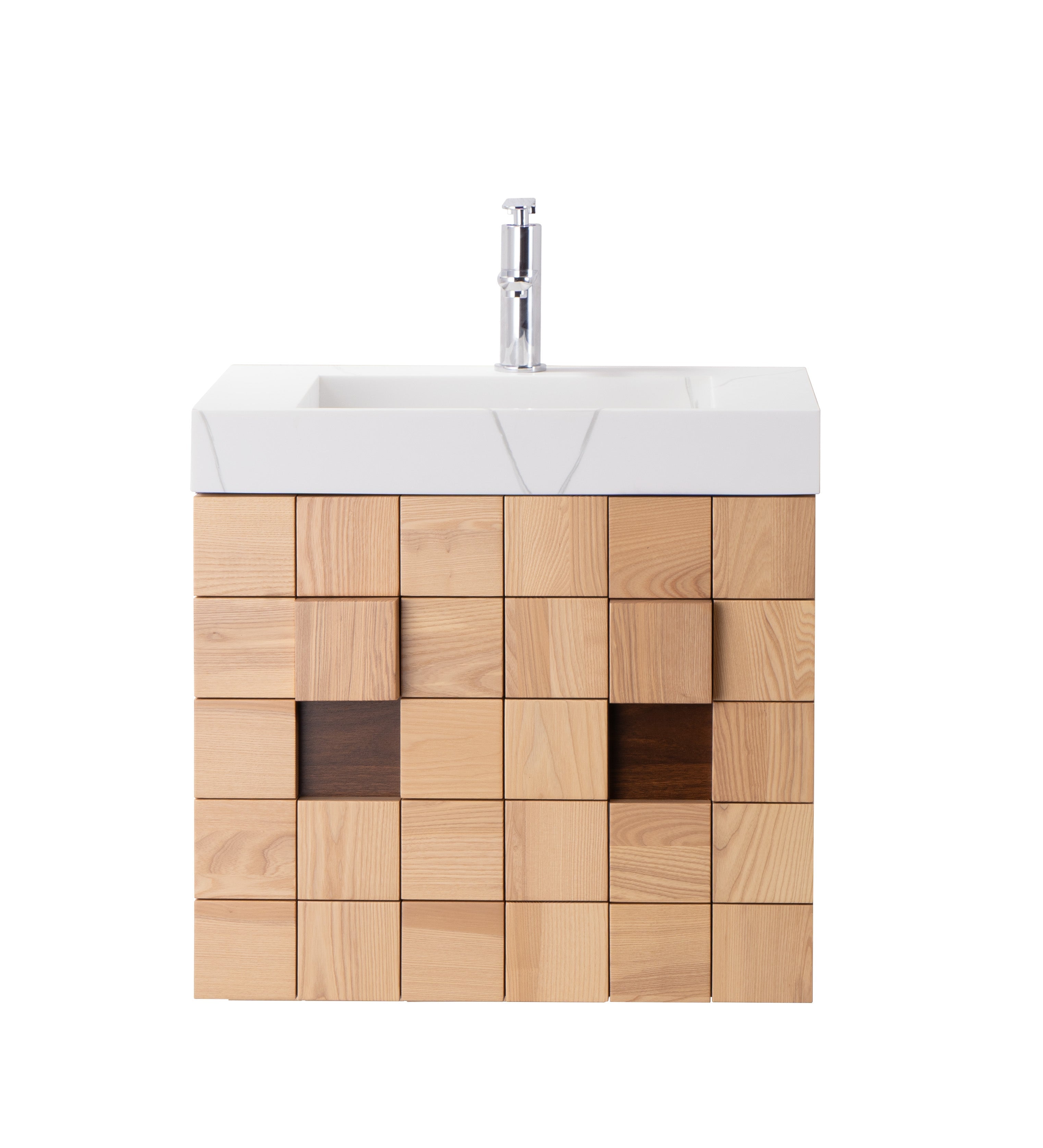 Darko 23.5 Single Natural Oak Cabinet, Solid Surface Solid Surface Carrara Infinity Sink, Wall Mounted Modern Vanity Set