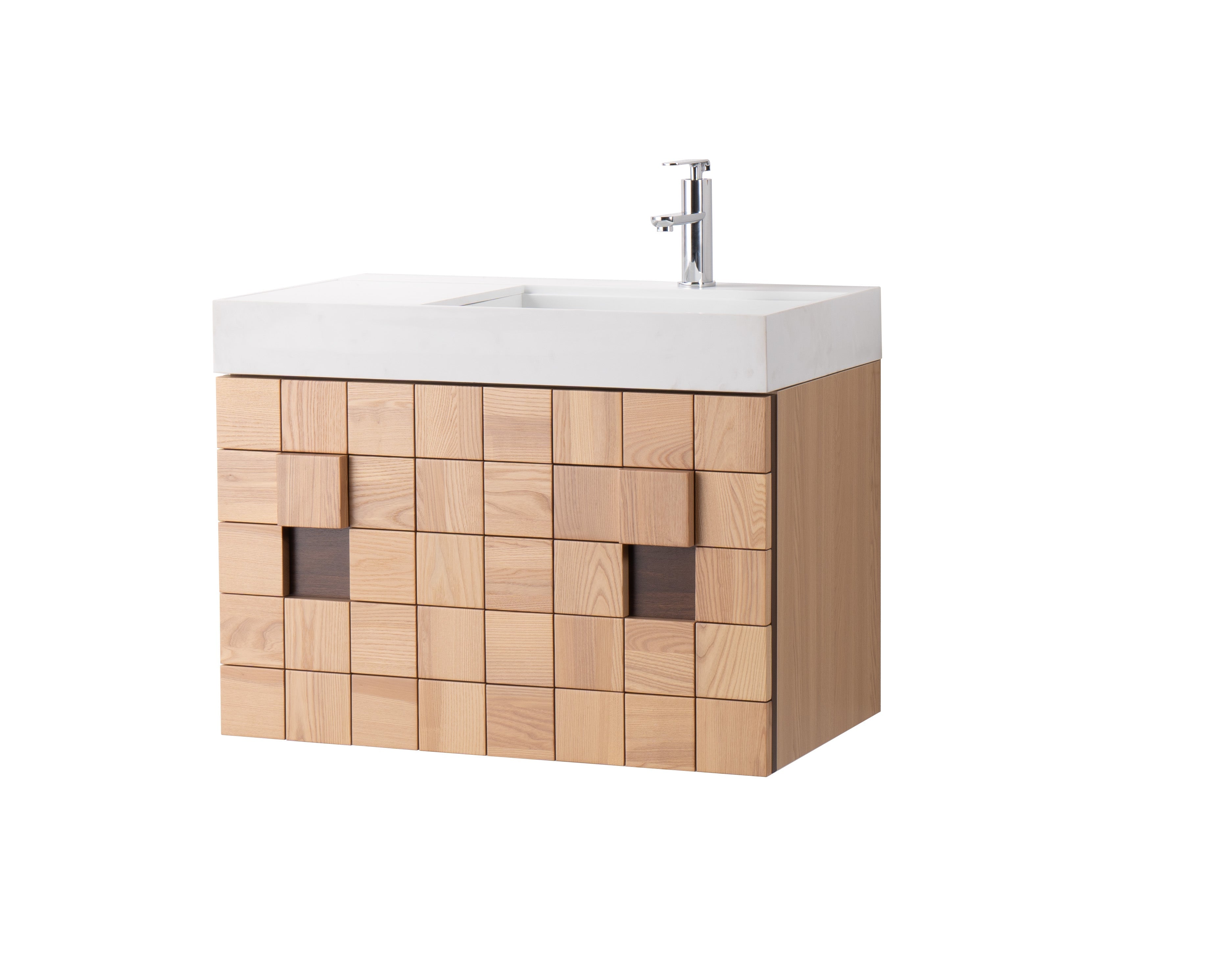 Darko 31.5 Single Natural Oak Cabinet, Solid Surface ORUS Sink, Wall Mounted Modern Vanity Set