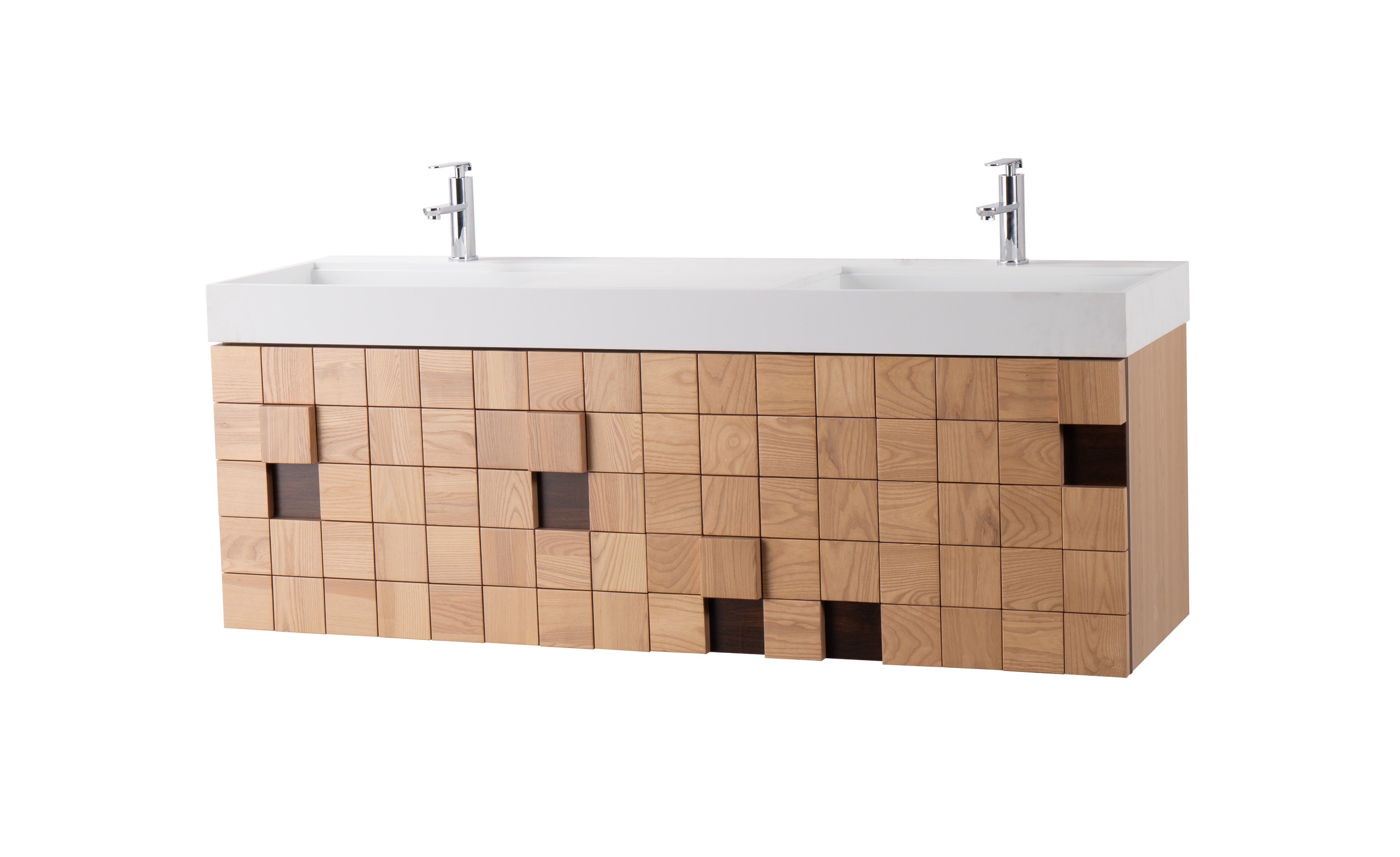 Darko 63.5 Double Natural Oak Cabinet, Solid Surface ORUS Sink, Wall Mounted Modern Vanity Set