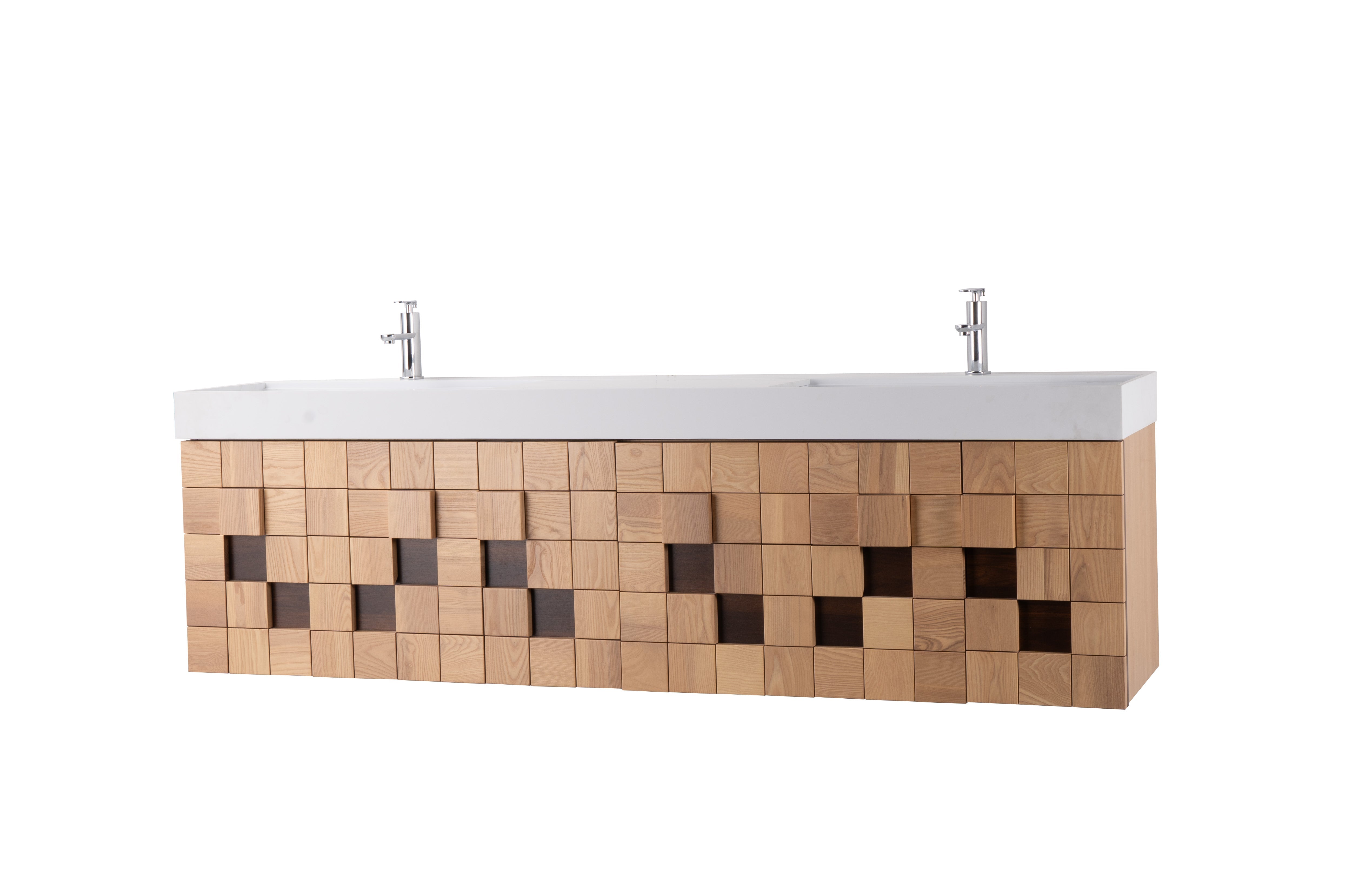 Darko 80 Double Natural Oak Cabinet, Solid Surface ORUS Sink, Wall Mounted Modern Vanity Set