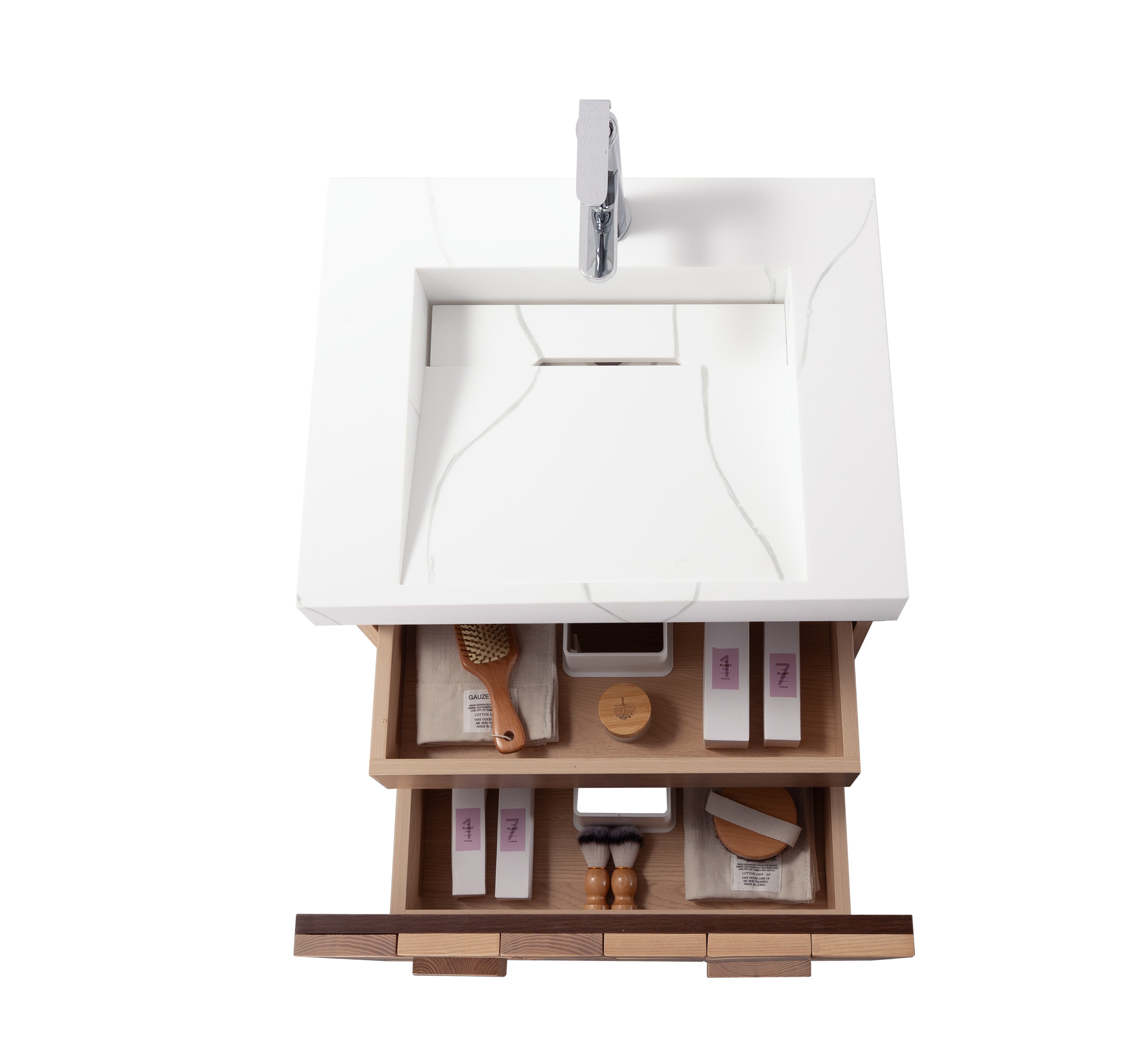 Darko 23.5 Single Natural Oak Cabinet, Solid Surface Solid Surface Carrara Infinity Sink, Wall Mounted Modern Vanity Set