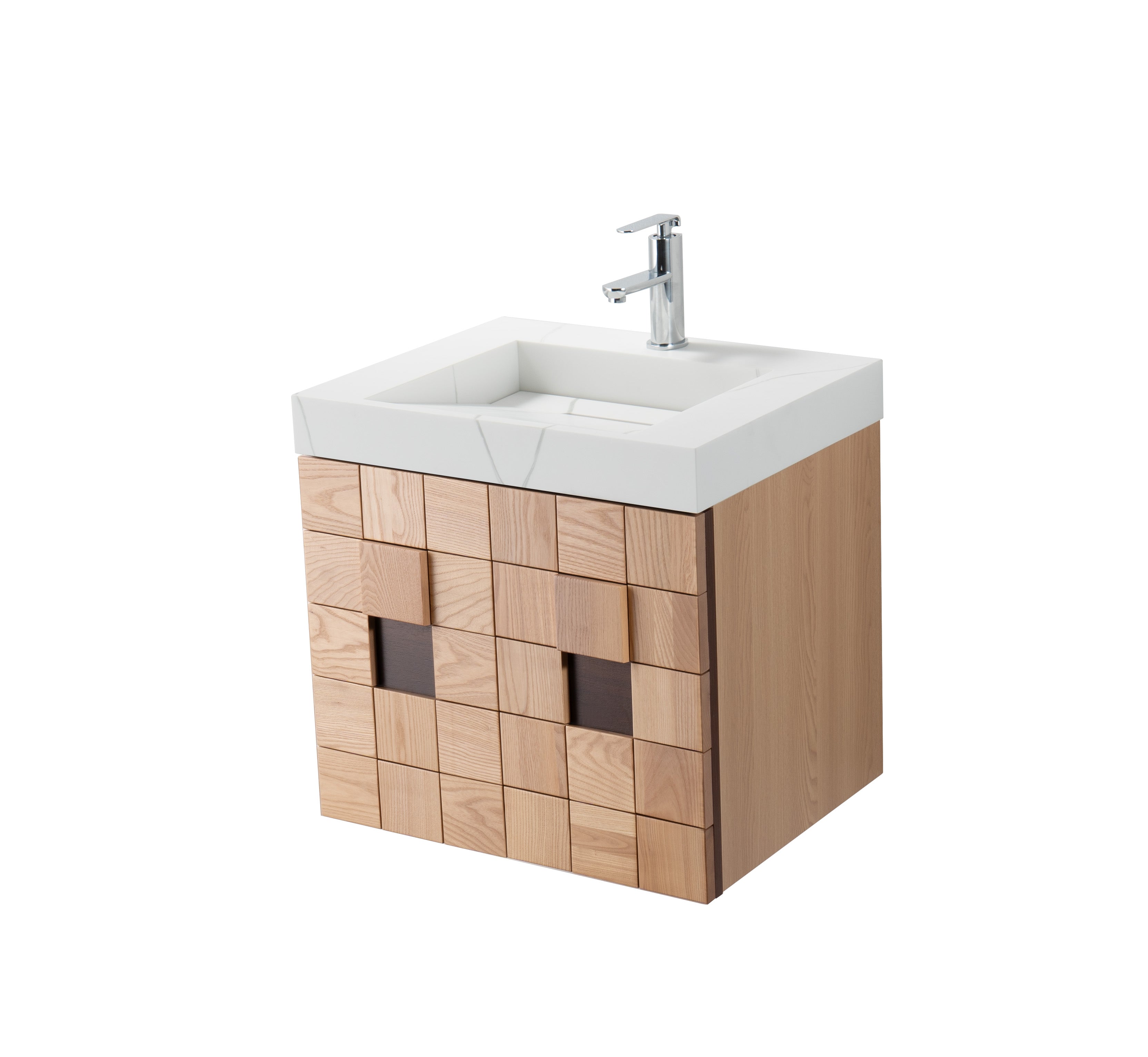 Darko 23.5 Single Natural Oak Cabinet, Solid Surface Solid Surface Carrara Infinity Sink, Wall Mounted Modern Vanity Set