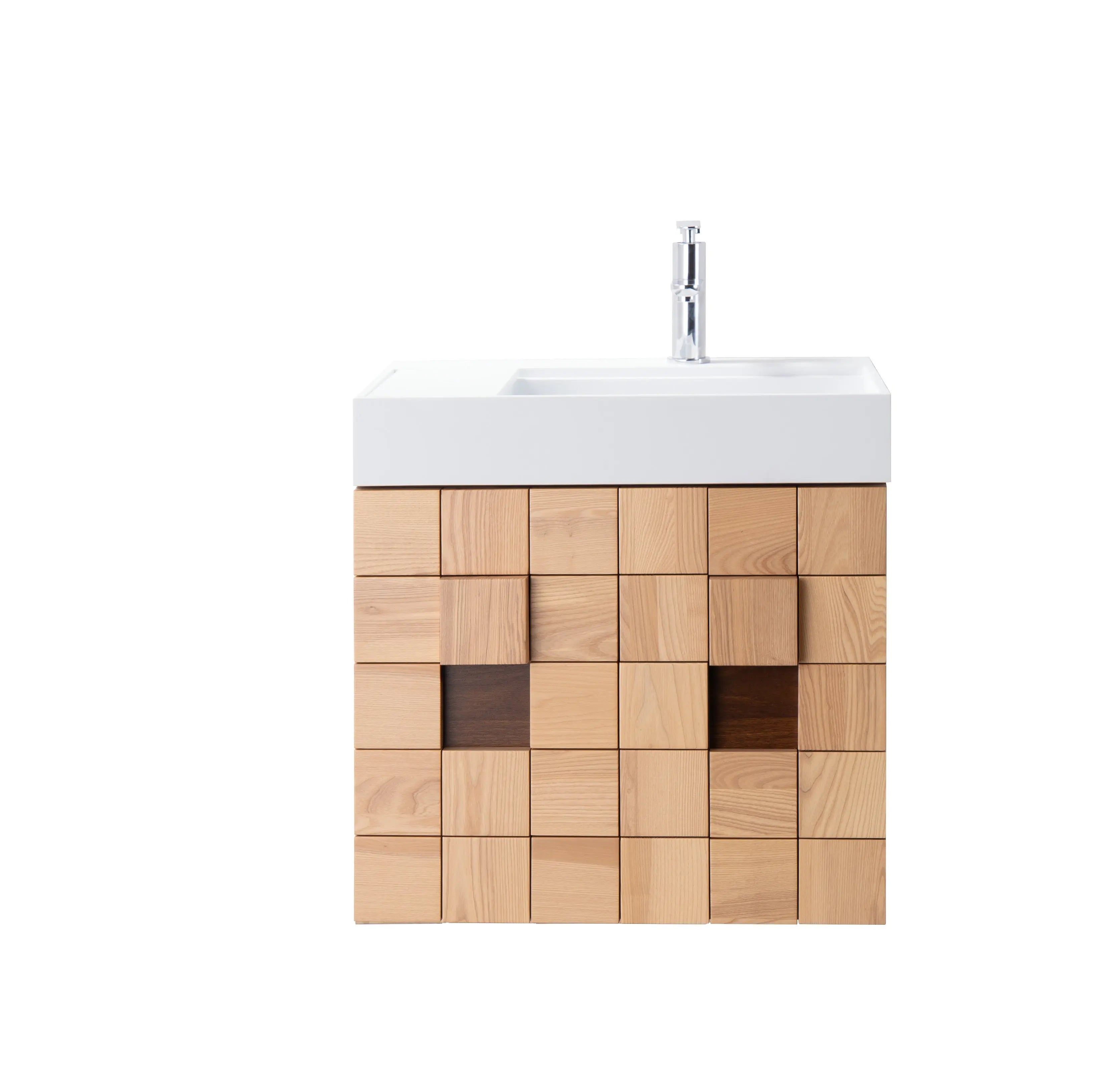 Darko 23.5 Single Natural Oak Cabinet, Solid Surface ORUS Sink, Wall Mounted Modern Vanity Set