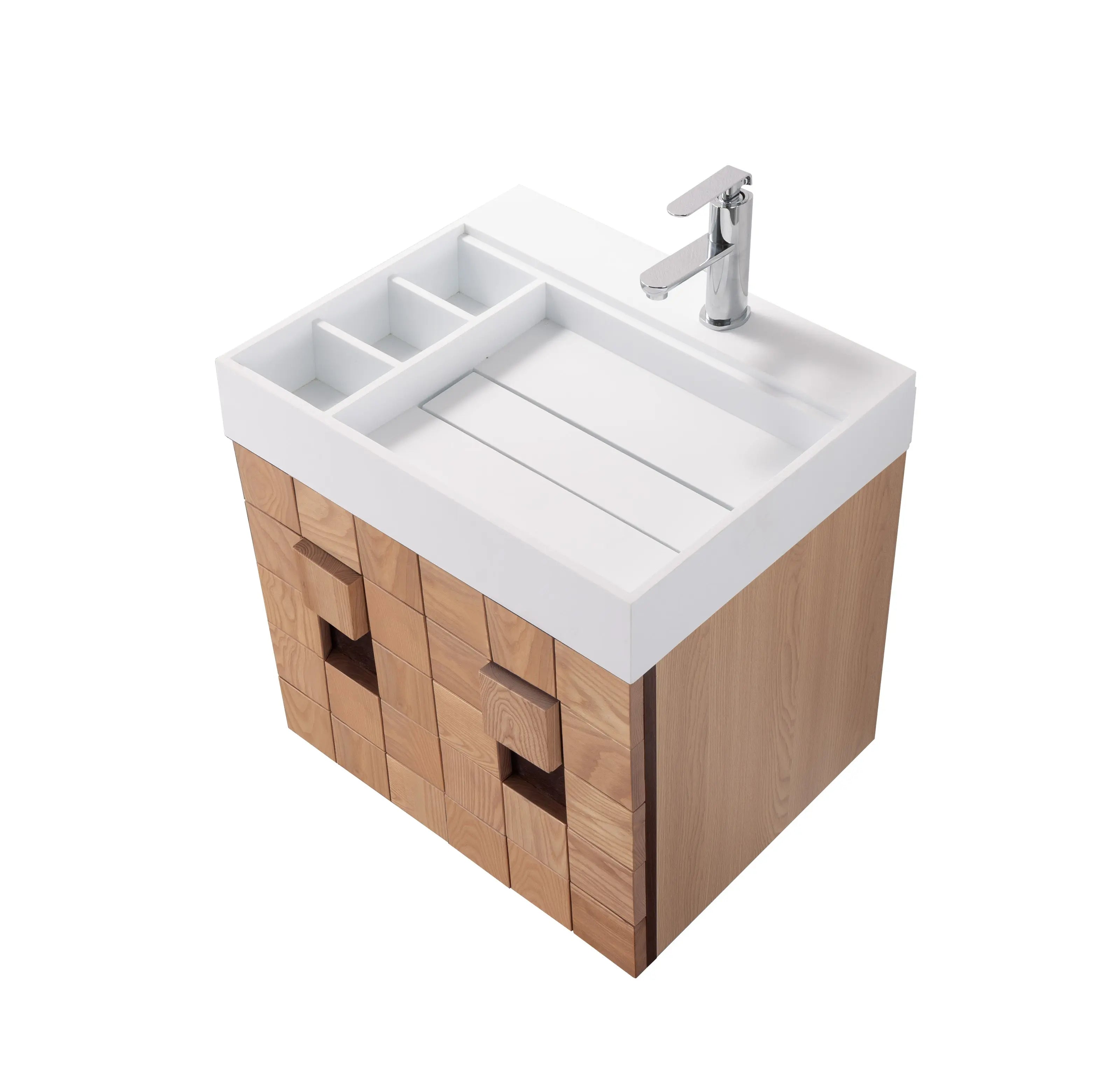 Darko 23.5 Single Natural Oak Cabinet, Solid Surface ORUS Sink, Wall Mounted Modern Vanity Set