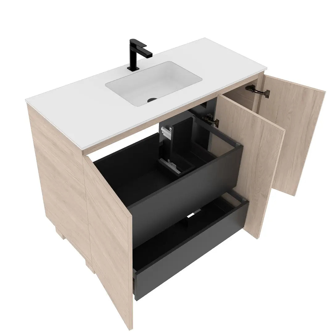 Dali 47.5 Single Natural Oak Cabinet, Acrylic Square Sink, Freestanding Modern Vanity Set