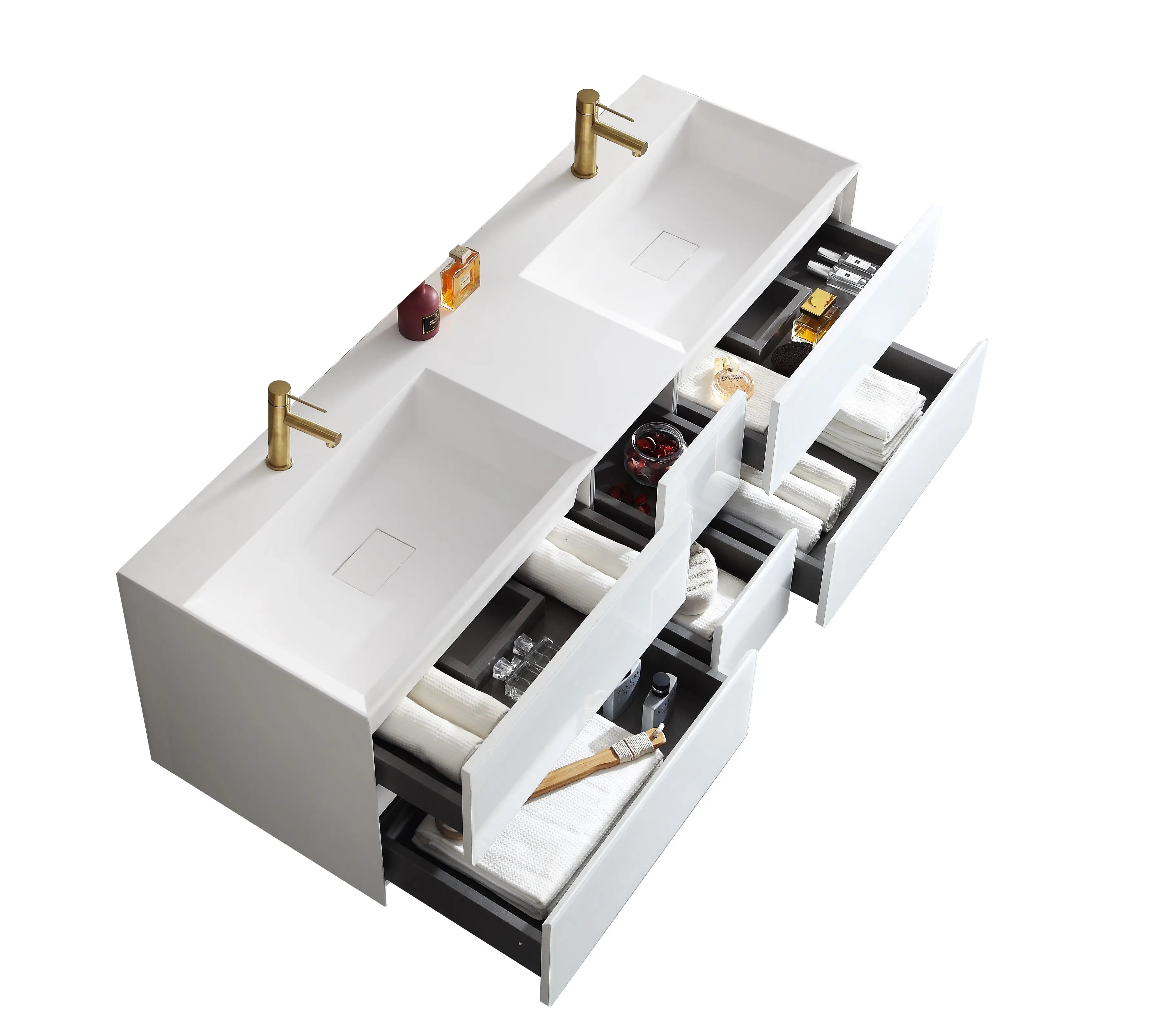 Essenza 59.5" Cabinet, Square Cultured Marble Sink, Wall Mounted Modern Double Vanity Set