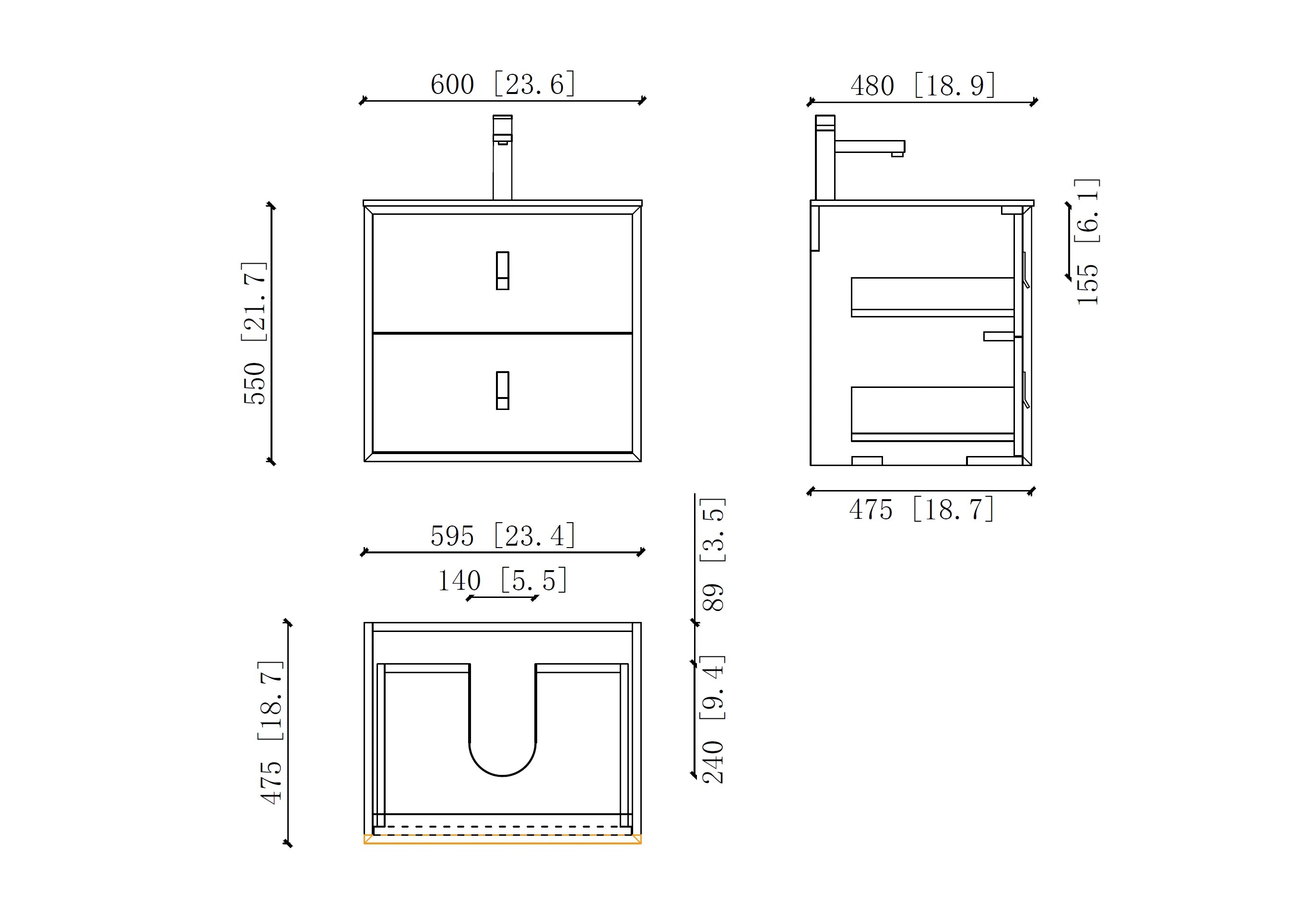 Etna 23.5 Black Stainless Steel Cabinet, with white glass counter top , Wall Mounted Modern Vanity Set