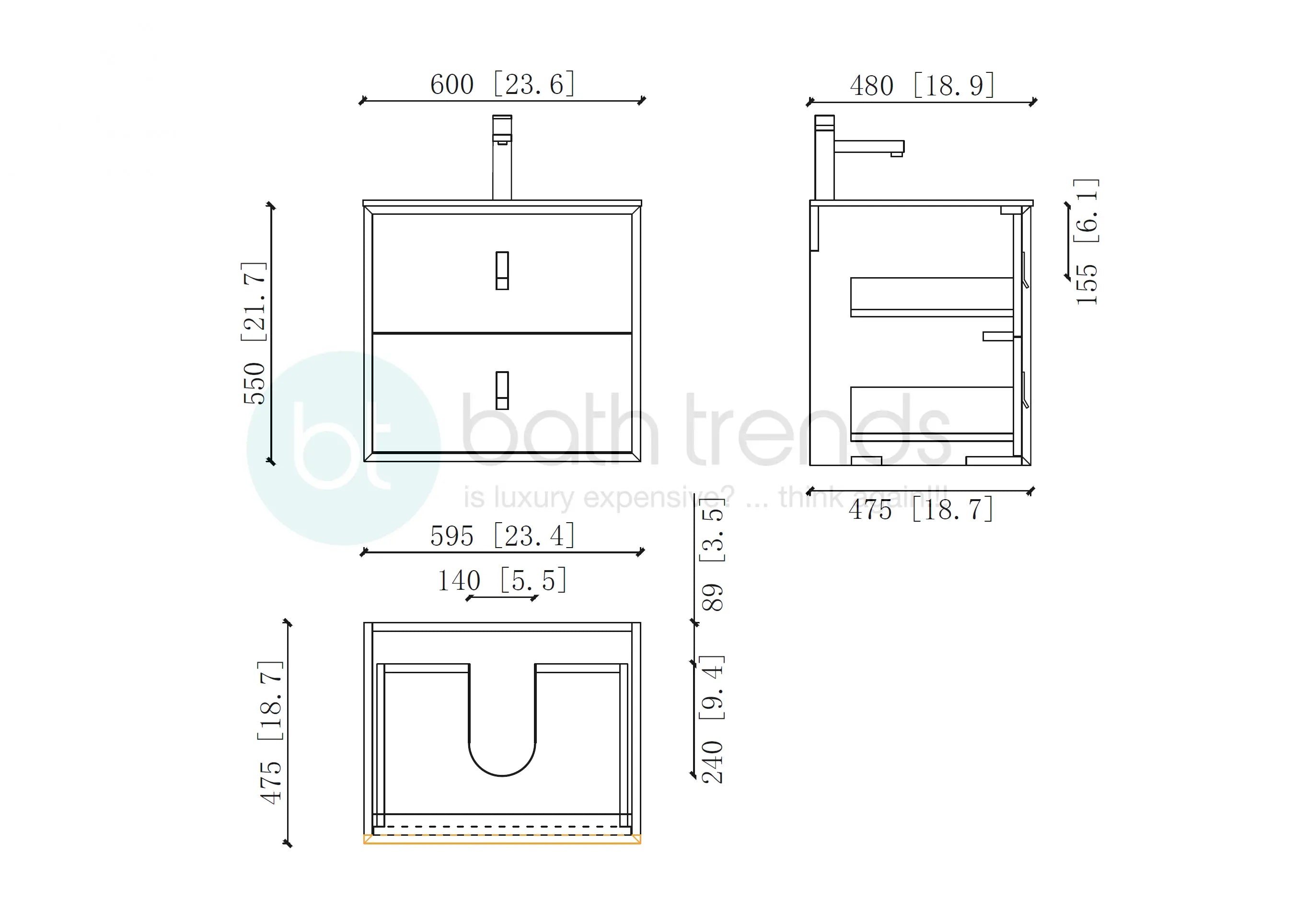Etna 23.5 White Stainless Steel Cabinet, with white glass counter top , Wall Mounted Modern Vanity Set