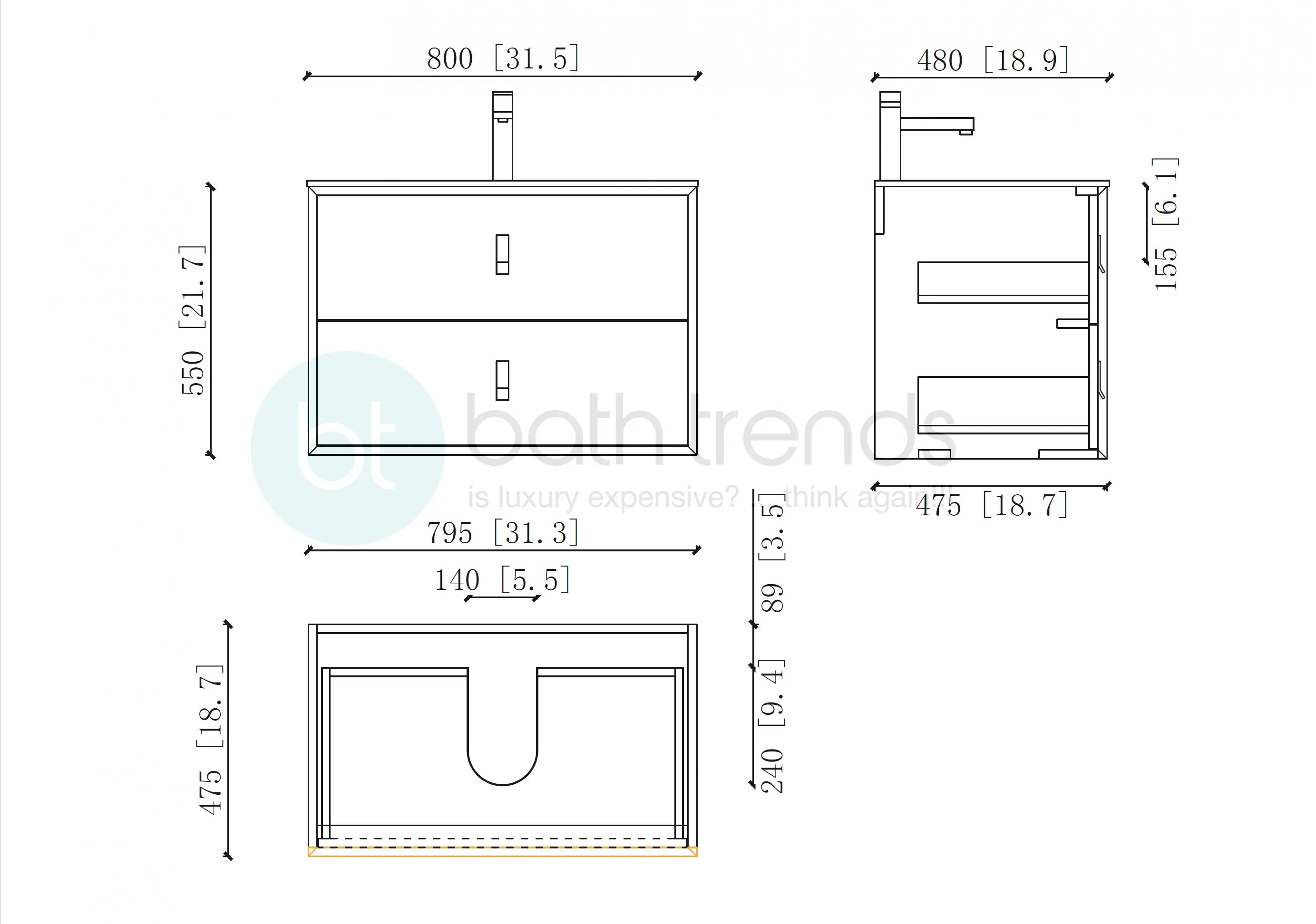 Etna 31.5 Black Stainless Steel Cabinet, with white glass counter top , Wall Mounted Modern Vanity Set