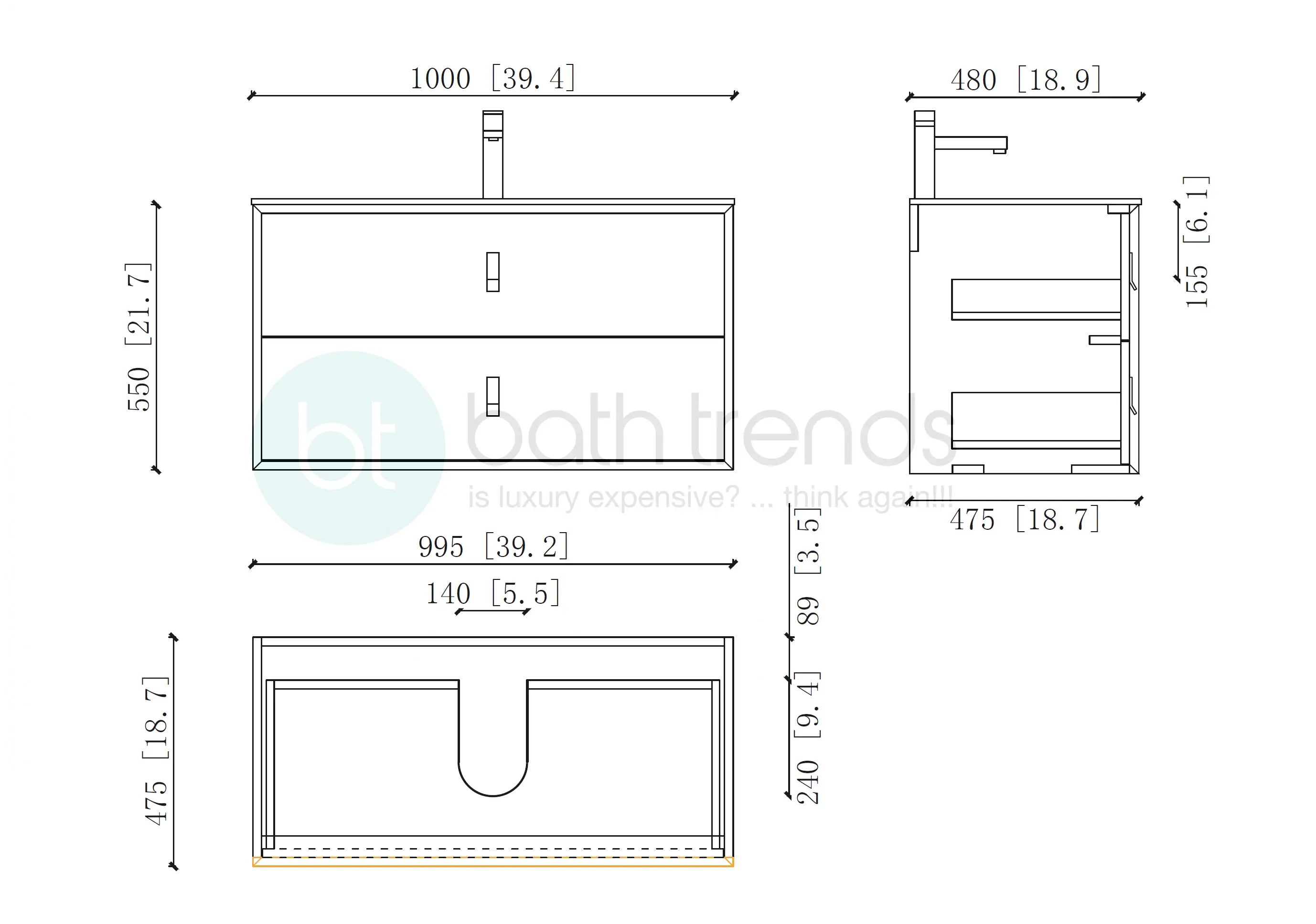 Etna 39.5 White Stainless Steel Cabinet, with white glass counter top , Wall Mounted Modern Vanity Set