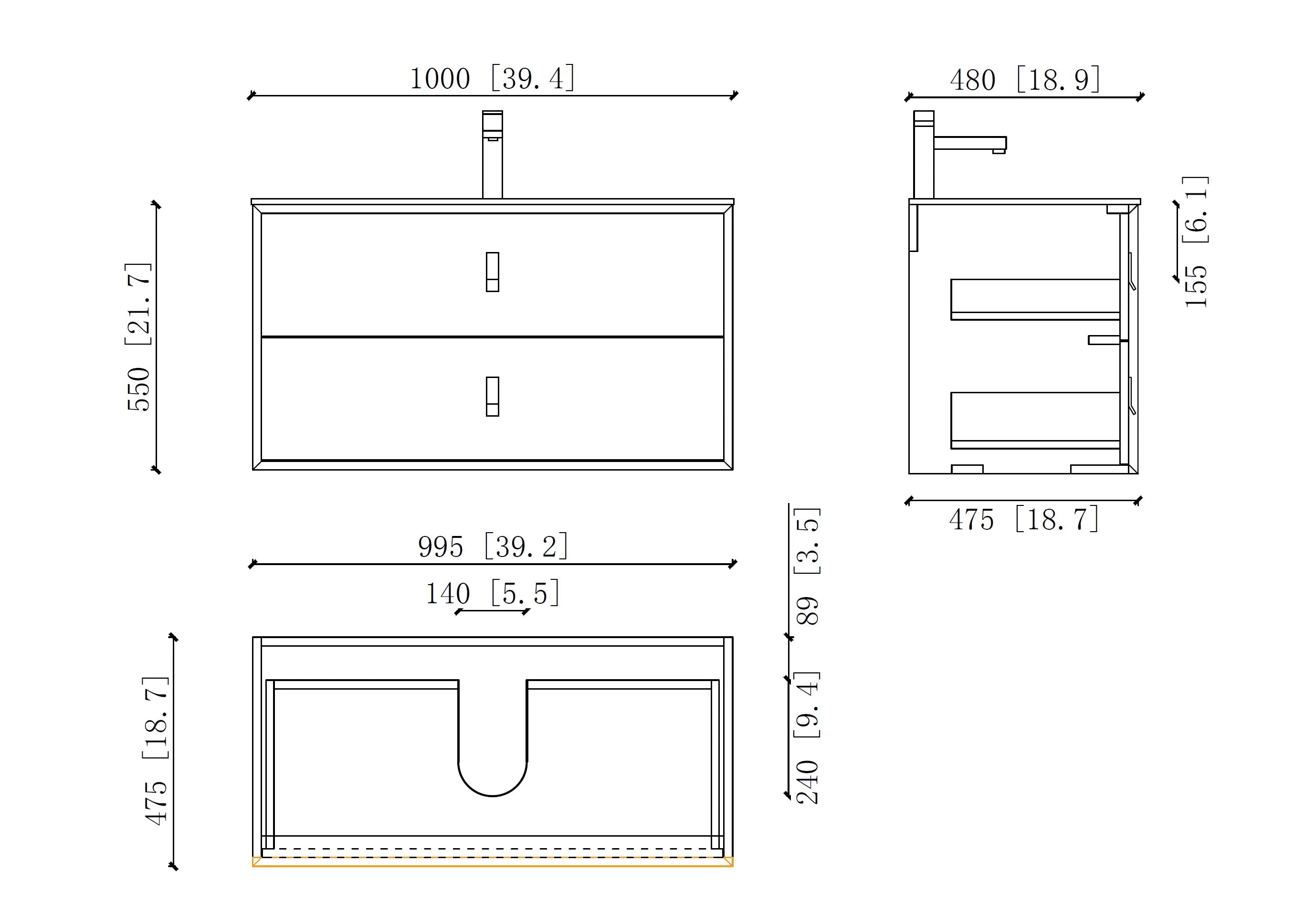 Etna 39.5 Black Stainless Steel Cabinet, with white glass counter top , Wall Mounted Modern Vanity Set