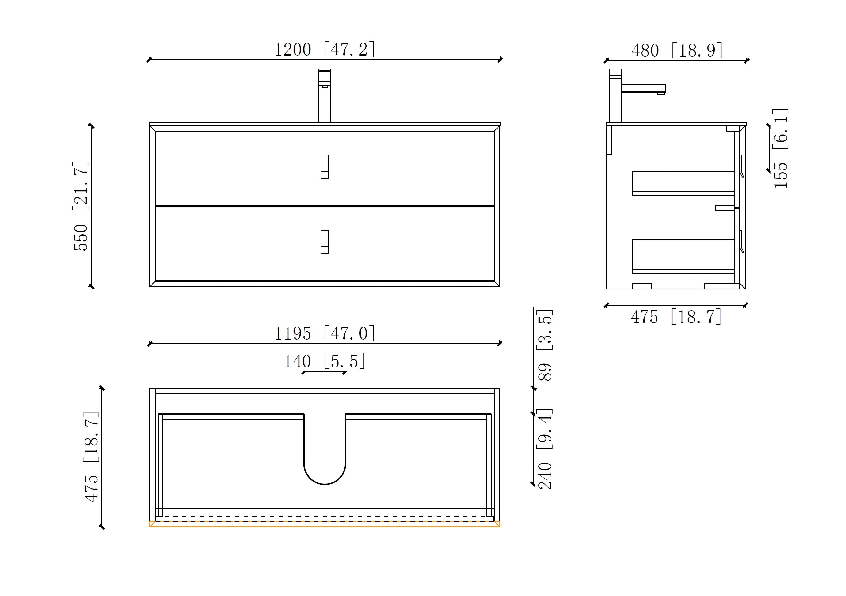 Etna 47.5 Black Stainless Steel Cabinet, with white glass counter top , Wall Mounted Modern Vanity Set