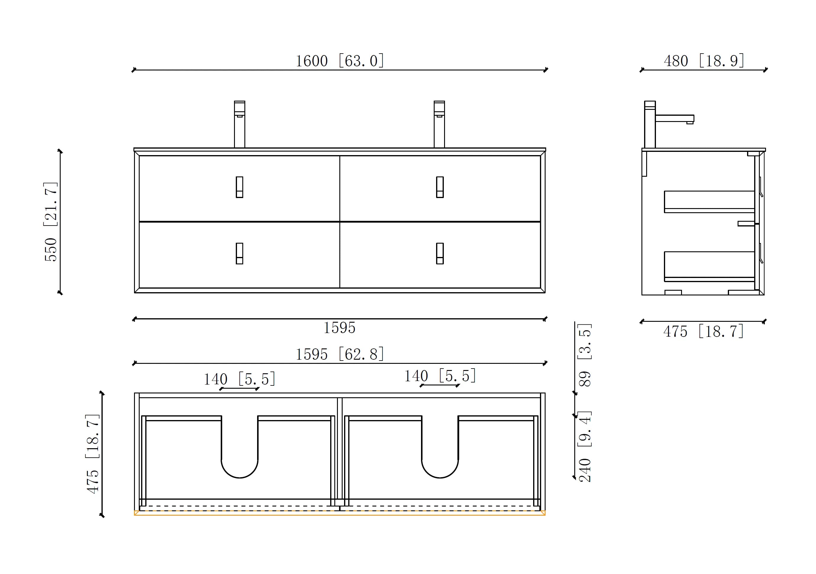 Etna 63 Double Black Stainless Steel Cabinet, with white glass counter top , Wall Mounted Modern Vanity Set