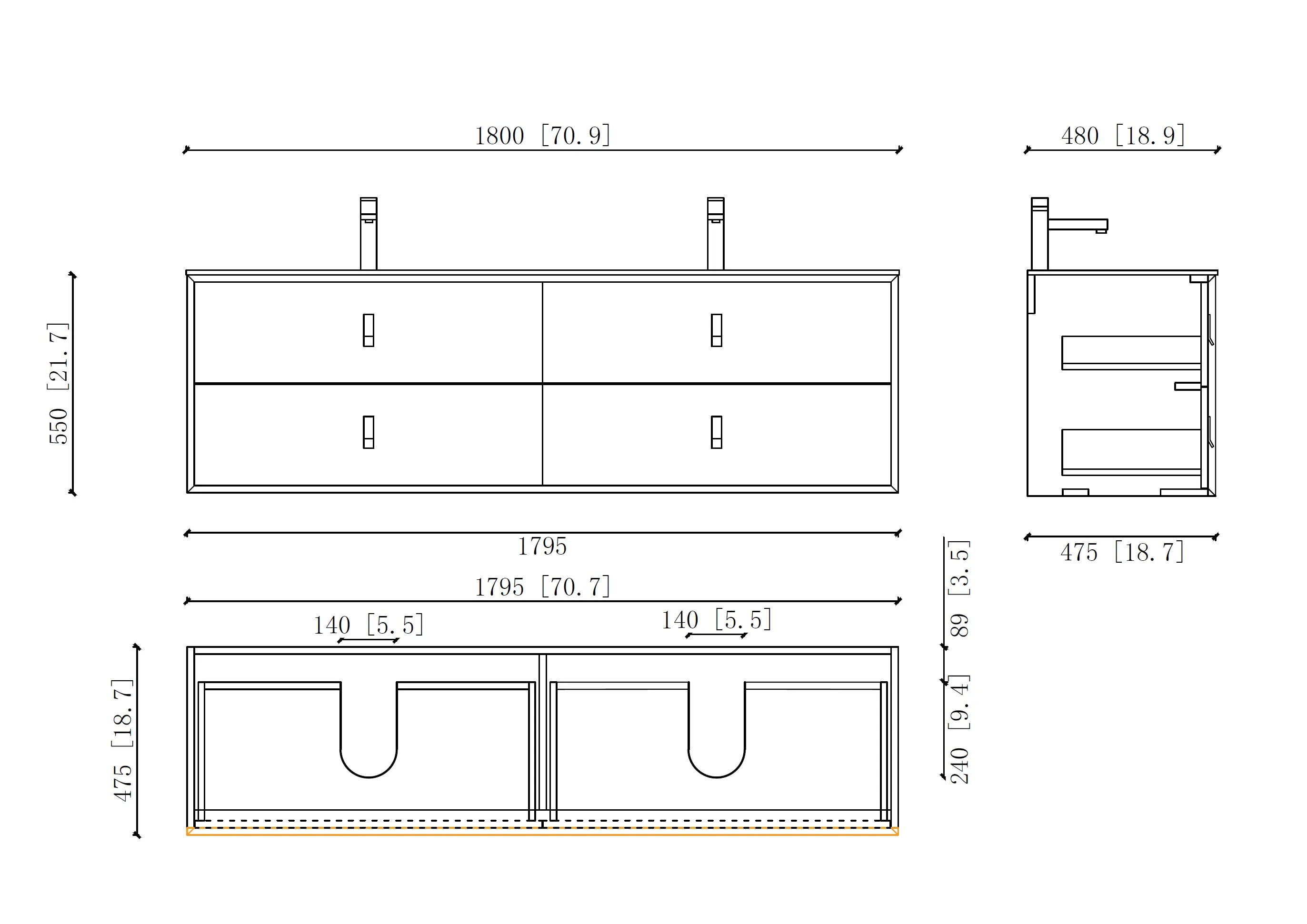 Etna 72 Double Black Stainless Steel Cabinet, with white glass counter top , Wall Mounted Modern Vanity Set