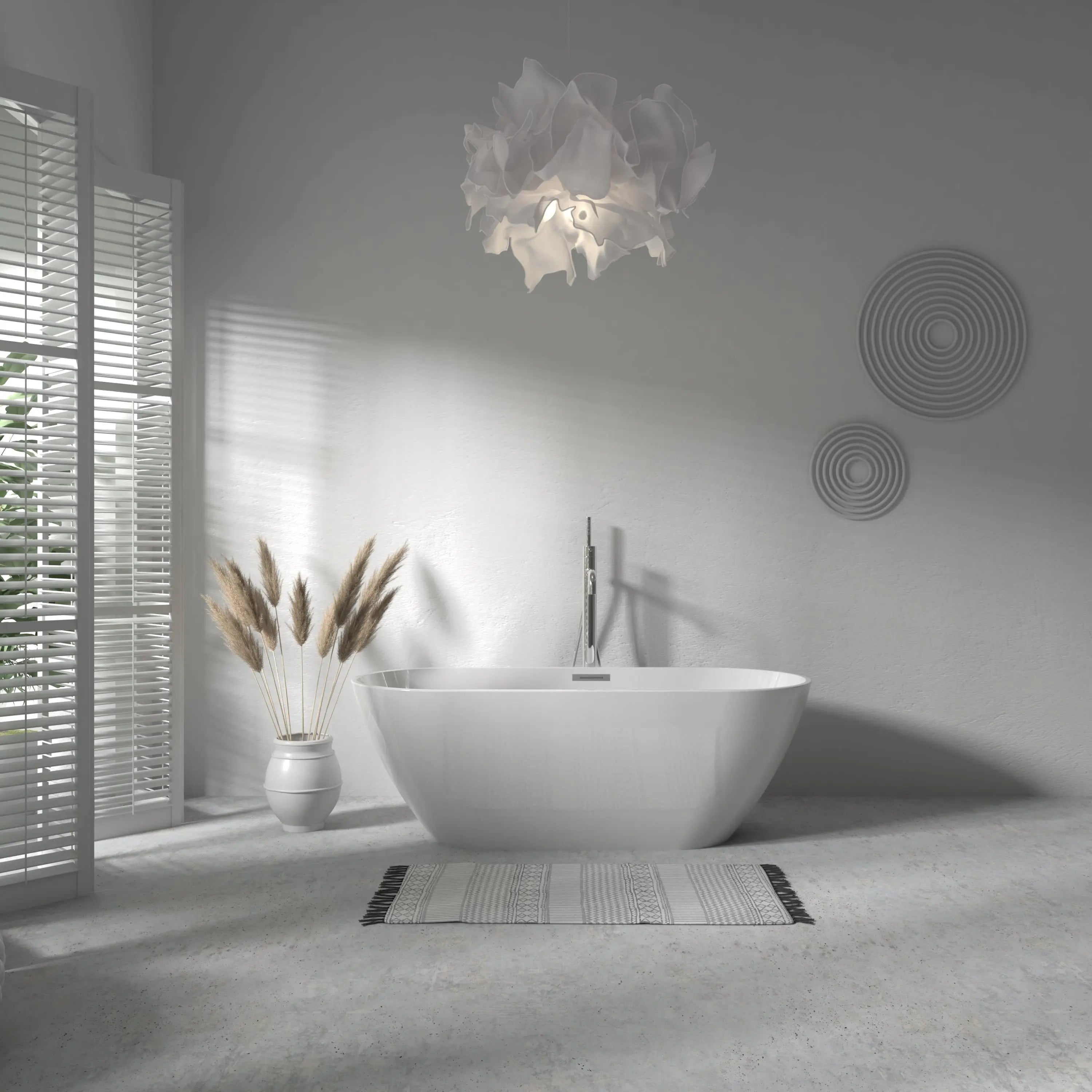 Aquamoon Flora Bathtub 59 White Acrylic Freestanding Soaker, Center Drain And Overflow