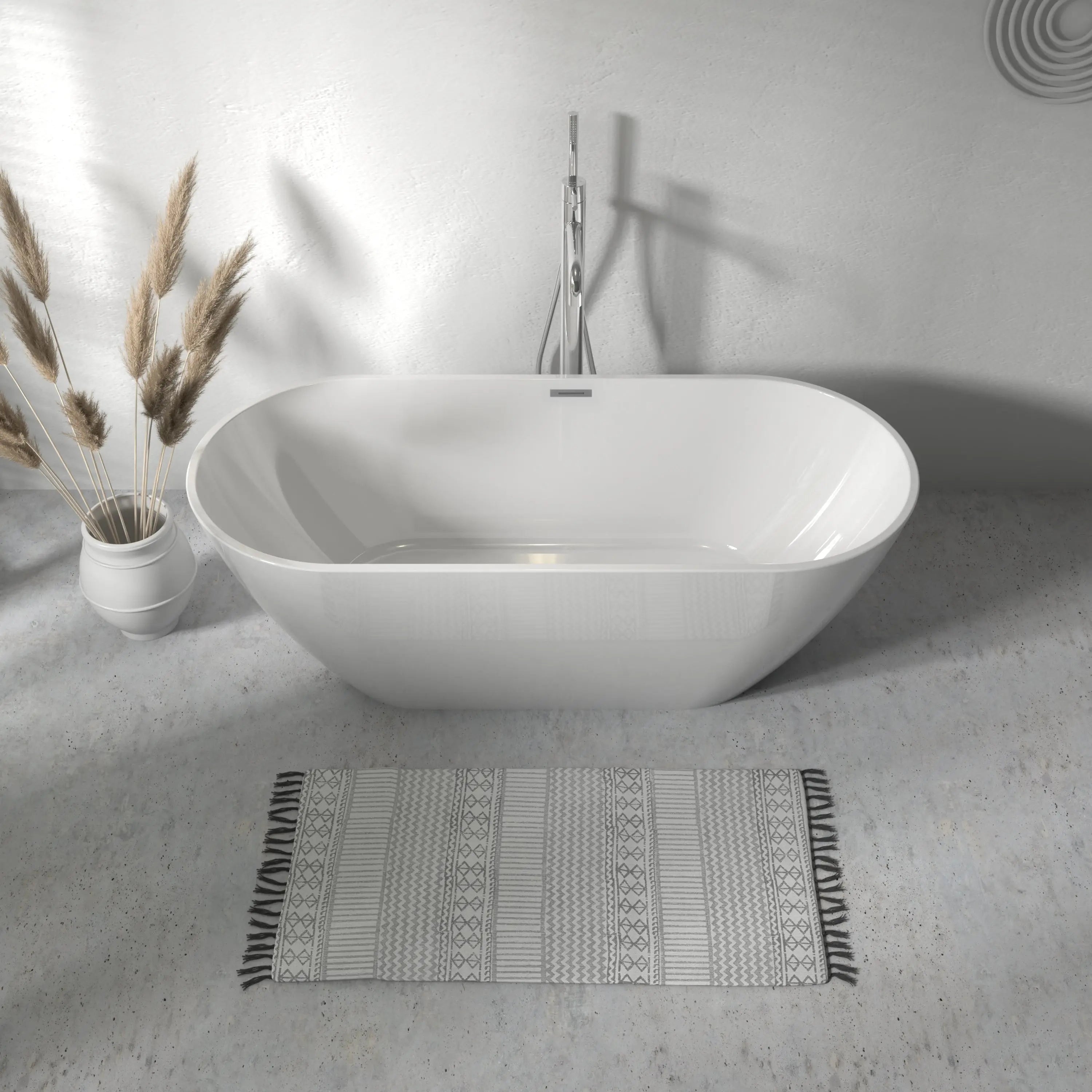 Flora Bathtub 67 White Acrylic Freestanding Soaker, Center Drain And Overflow