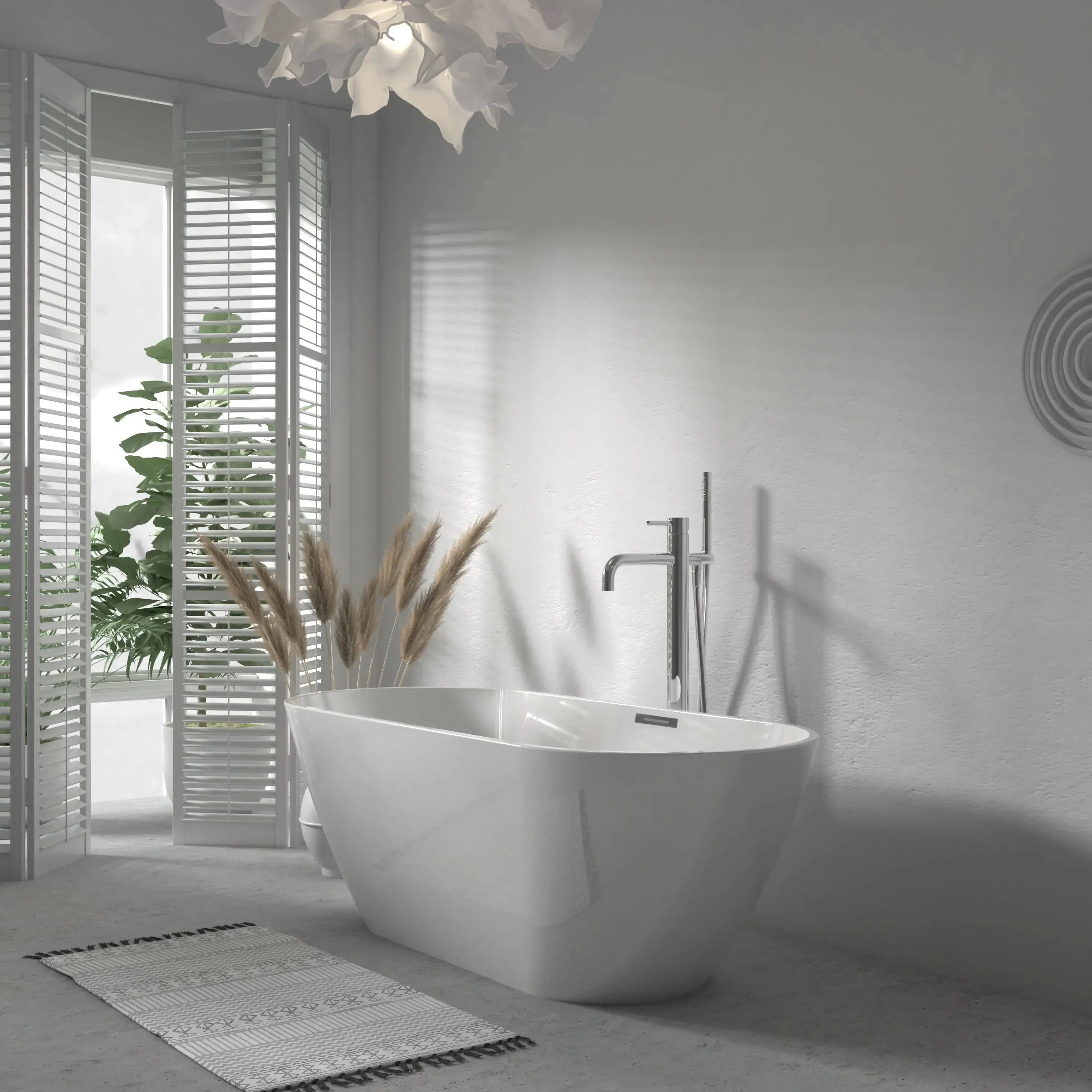 Aquamoon Flora Bathtub 59 White Acrylic Freestanding Soaker, Center Drain And Overflow