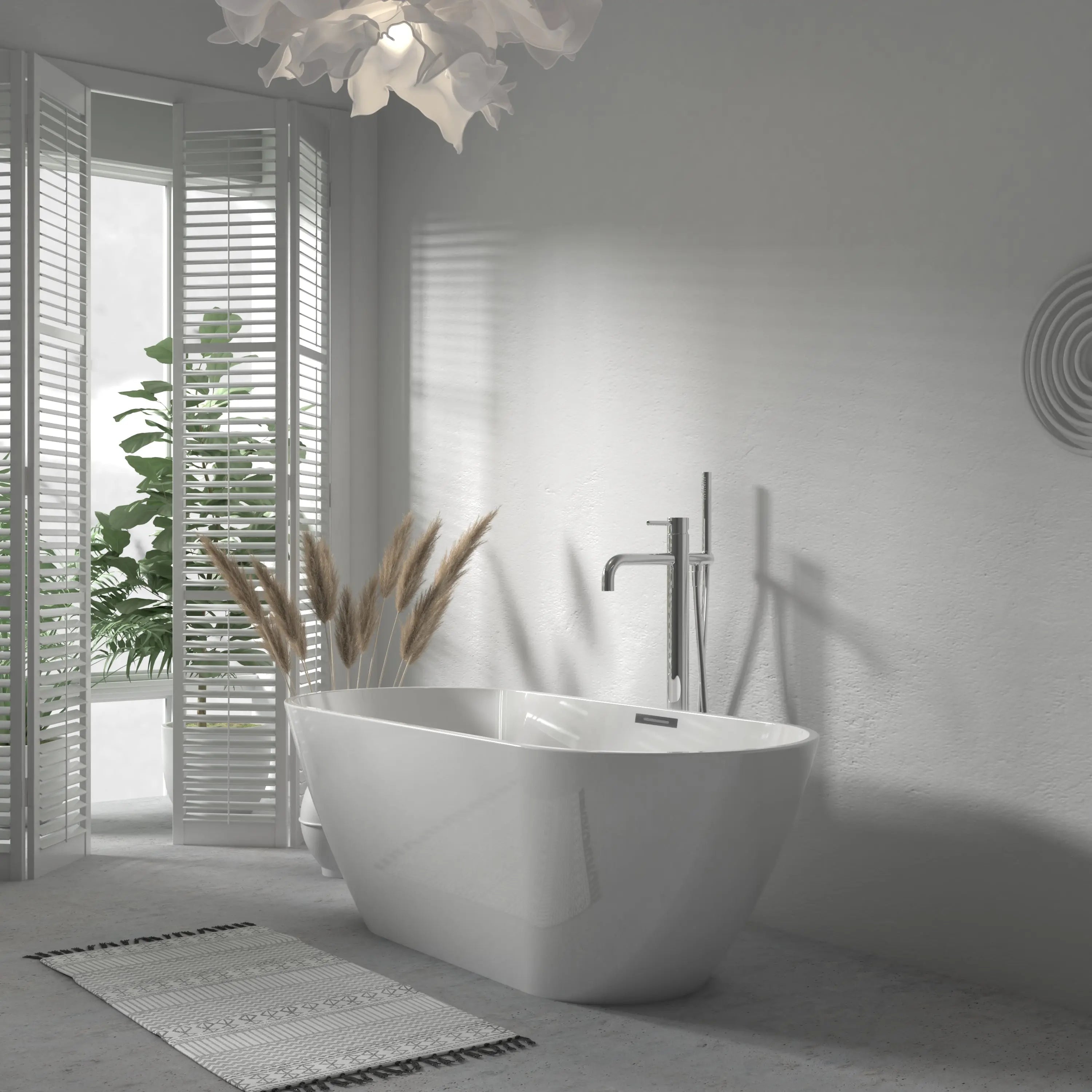 Flora Bathtub 67 White Acrylic Freestanding Soaker, Center Drain And