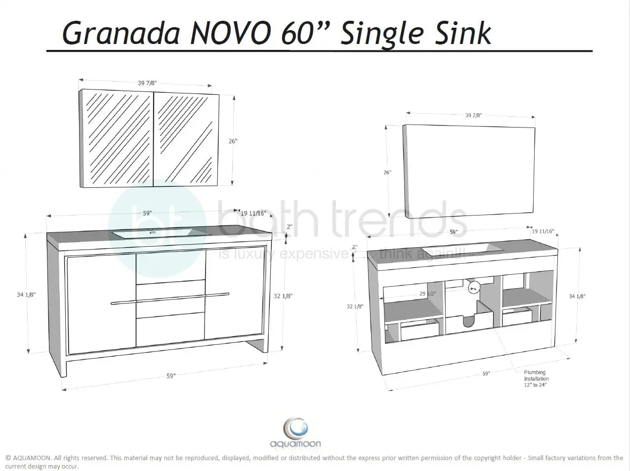 Granada 59 Maple Grey With Chrome Handle Cabinet, Square Cultured Marble Single Sink, Free Standing Modern Vanity Set