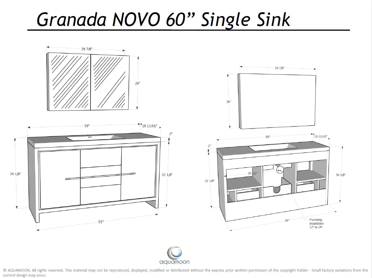 Granada 59 Brown Oak With Chrome Handle Cabinet, Square Cultured Marble Single Sink, Free Standing Modern Vanity Set