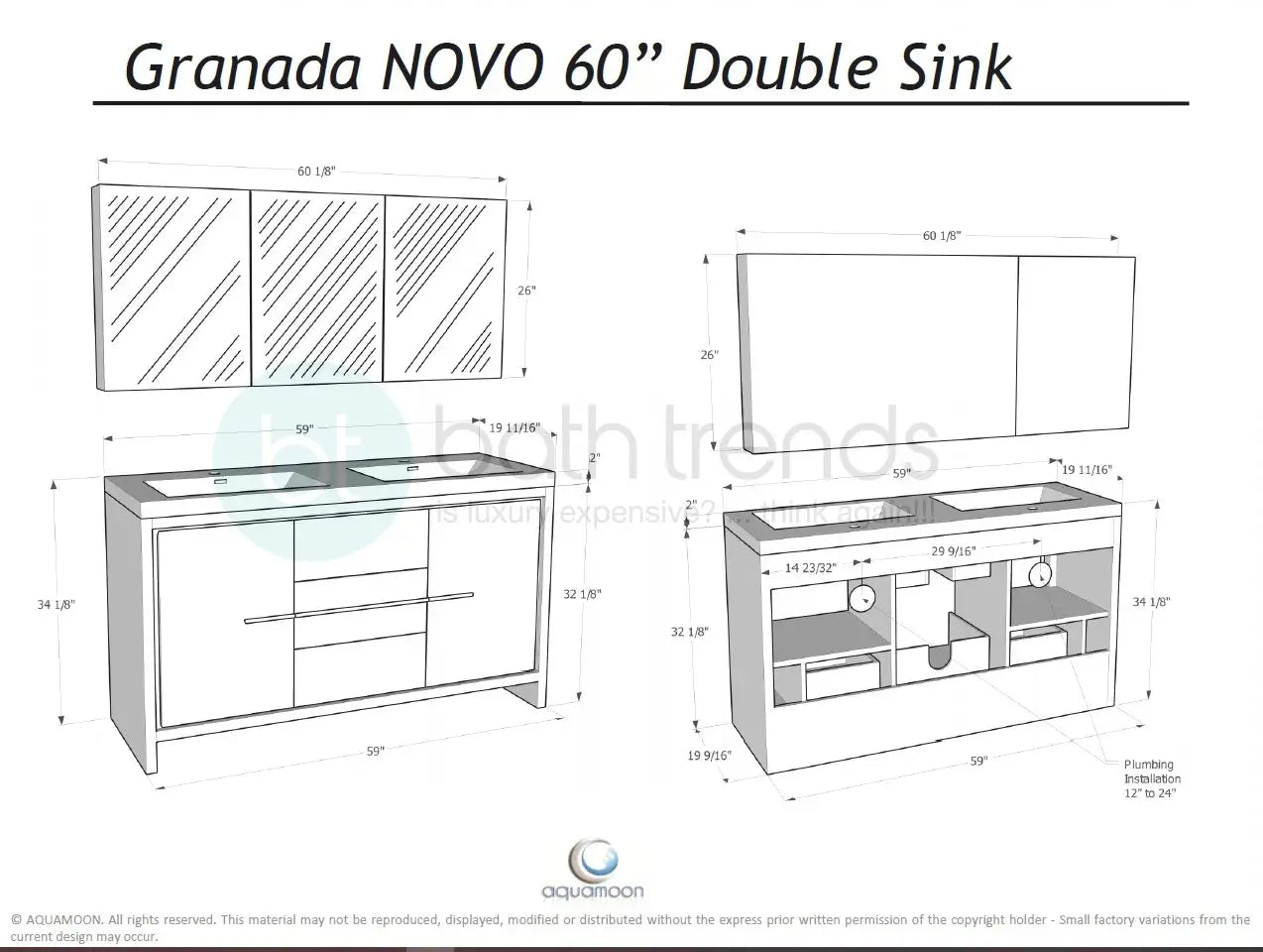 Granada 59 Brown Oak With Chrome Handle Cabinet, Square Cultured Marble Double Sink, Free Standing Modern Vanity Set