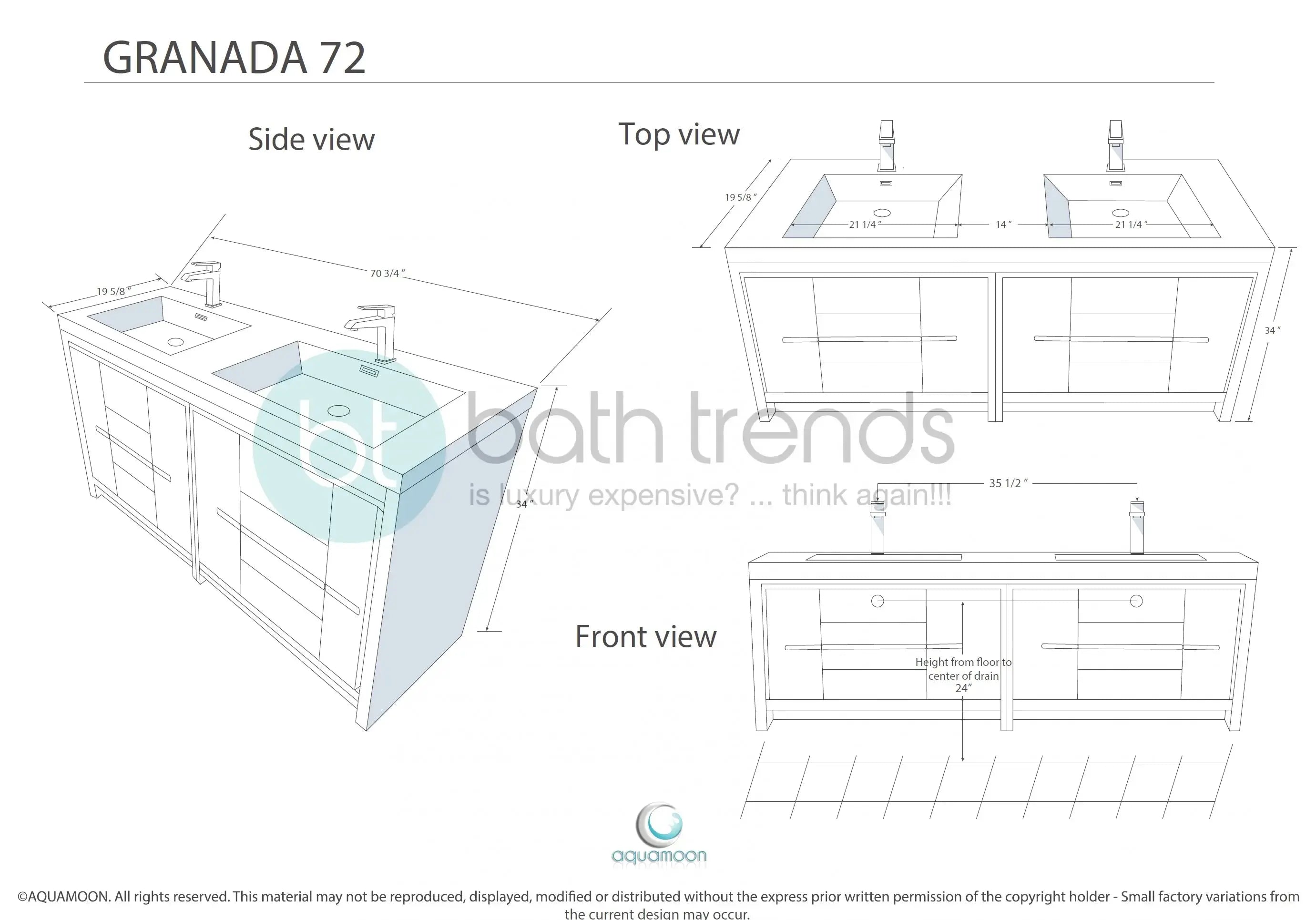 Granada 71 Brown Oak With Chrome Handle Cabinet, Square Cultured Marble Double Sink, Free Standing Modern Vanity Set