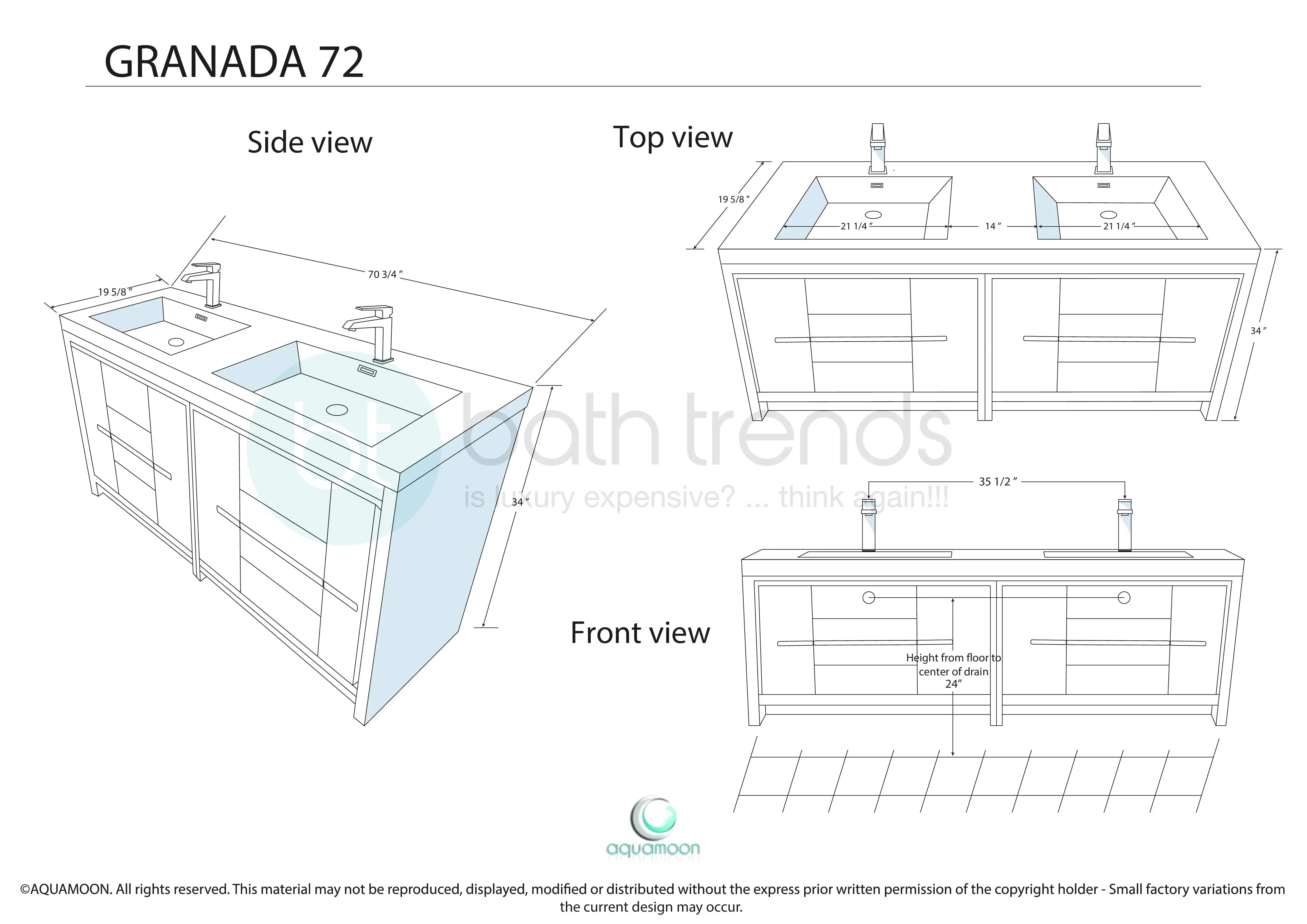 Granada 71 White High Gloss With Chrome Handle Cabinet, Square Cultured Marble Double Sink, Free Standing Modern Vanity Set