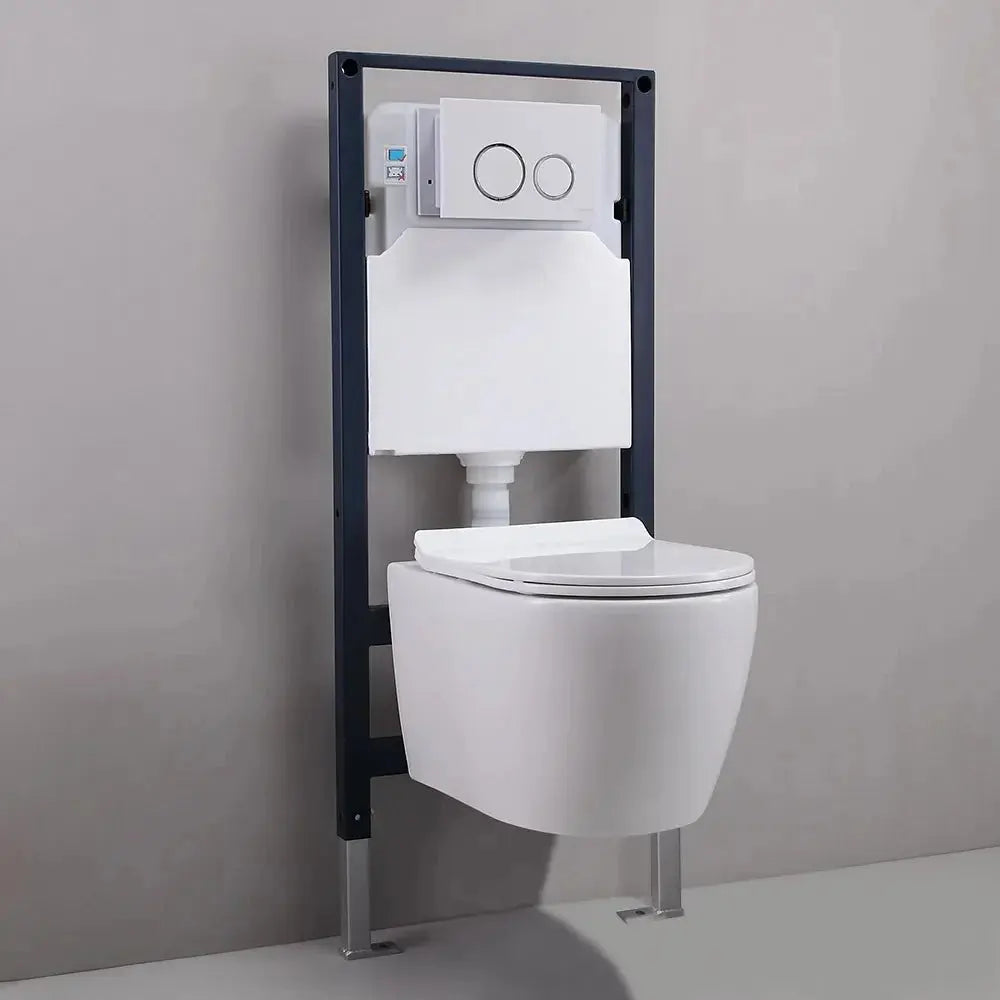 Aquamoon 707 Round Wall-Hung Dual Flush Elongated One Piece Toilet with Soft Closing Seat, Water Sense, High-Efficiency, Color White