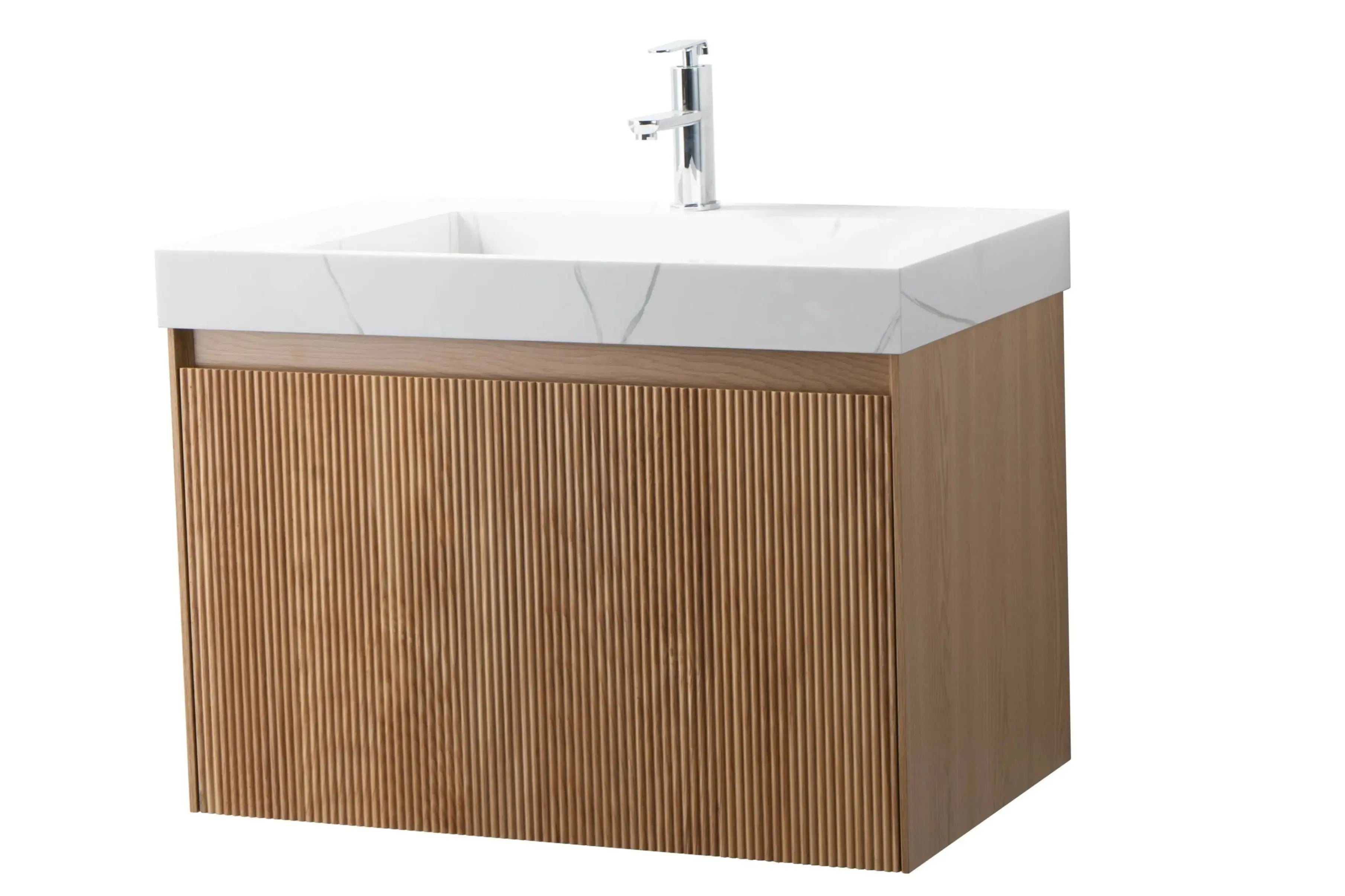 Miami 31.5 Natural Oak Cabinet, Solid Surface Carrara Infinity Sink, Wall Mounted Modern Vanity Set