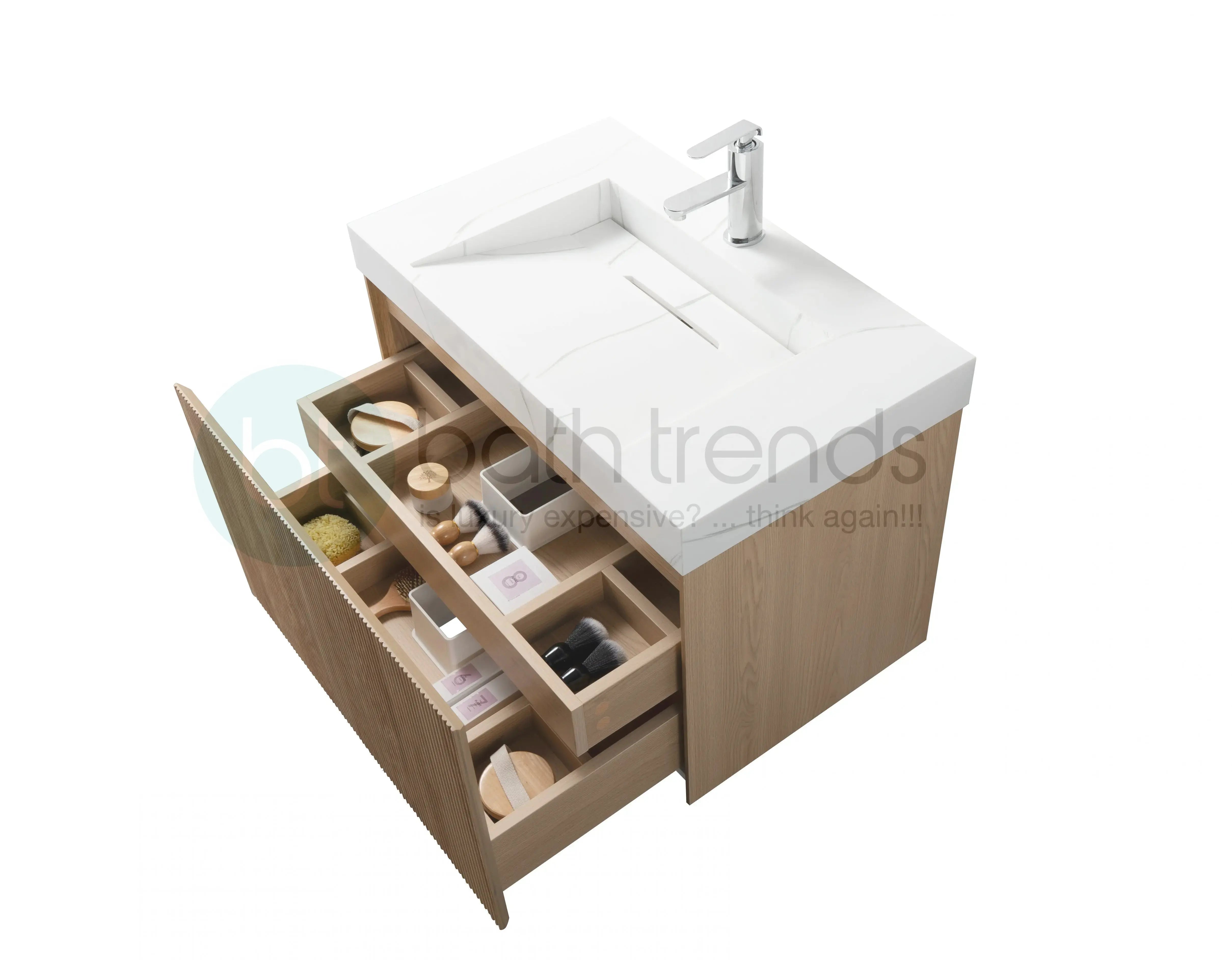 Miami 31.5 Natural Oak Cabinet, Solid Surface Carrara Infinity Sink, Wall Mounted Modern Vanity Set